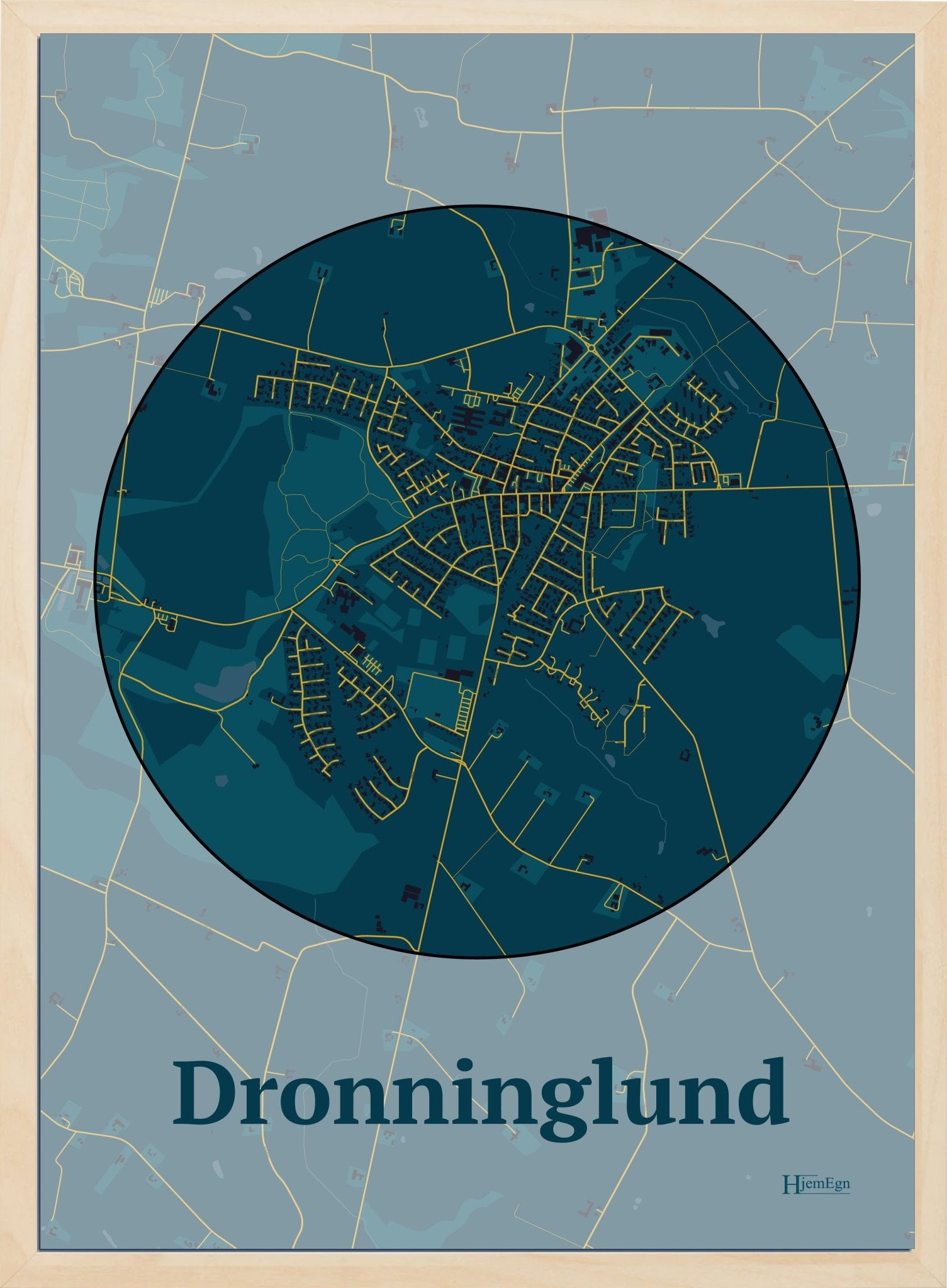 Dronninglund plakat i farve mørk blå og HjemEgn.dk design centrum. Design bykort for Dronninglund