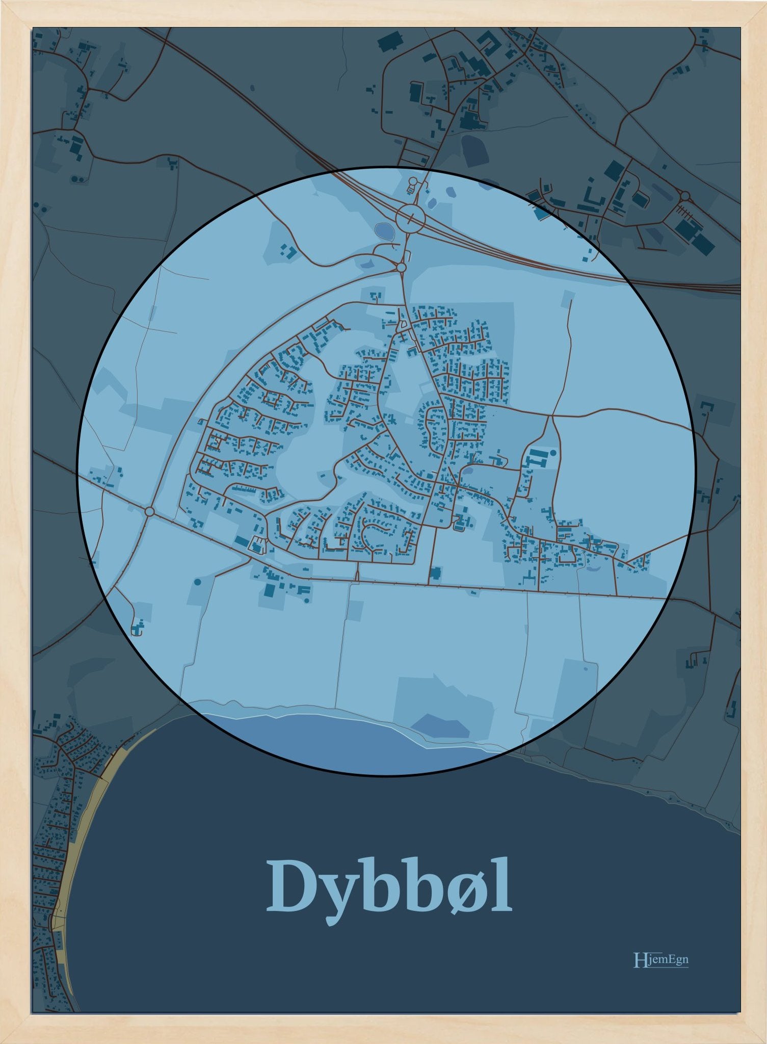 Dybbøl plakat i farve pastel blå og HjemEgn.dk design centrum. Design bykort for Dybbøl