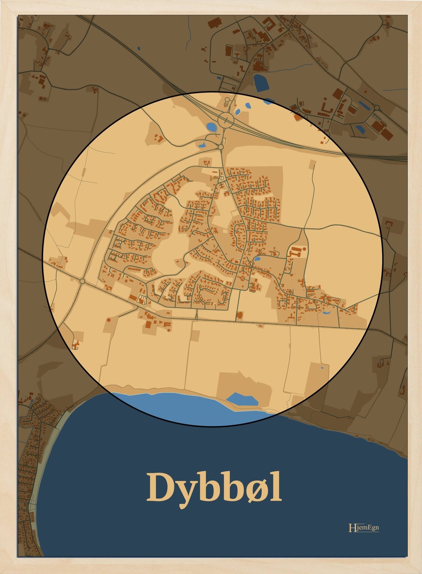 Dybbøl plakat i farve pastel brun og HjemEgn.dk design centrum. Design bykort for Dybbøl