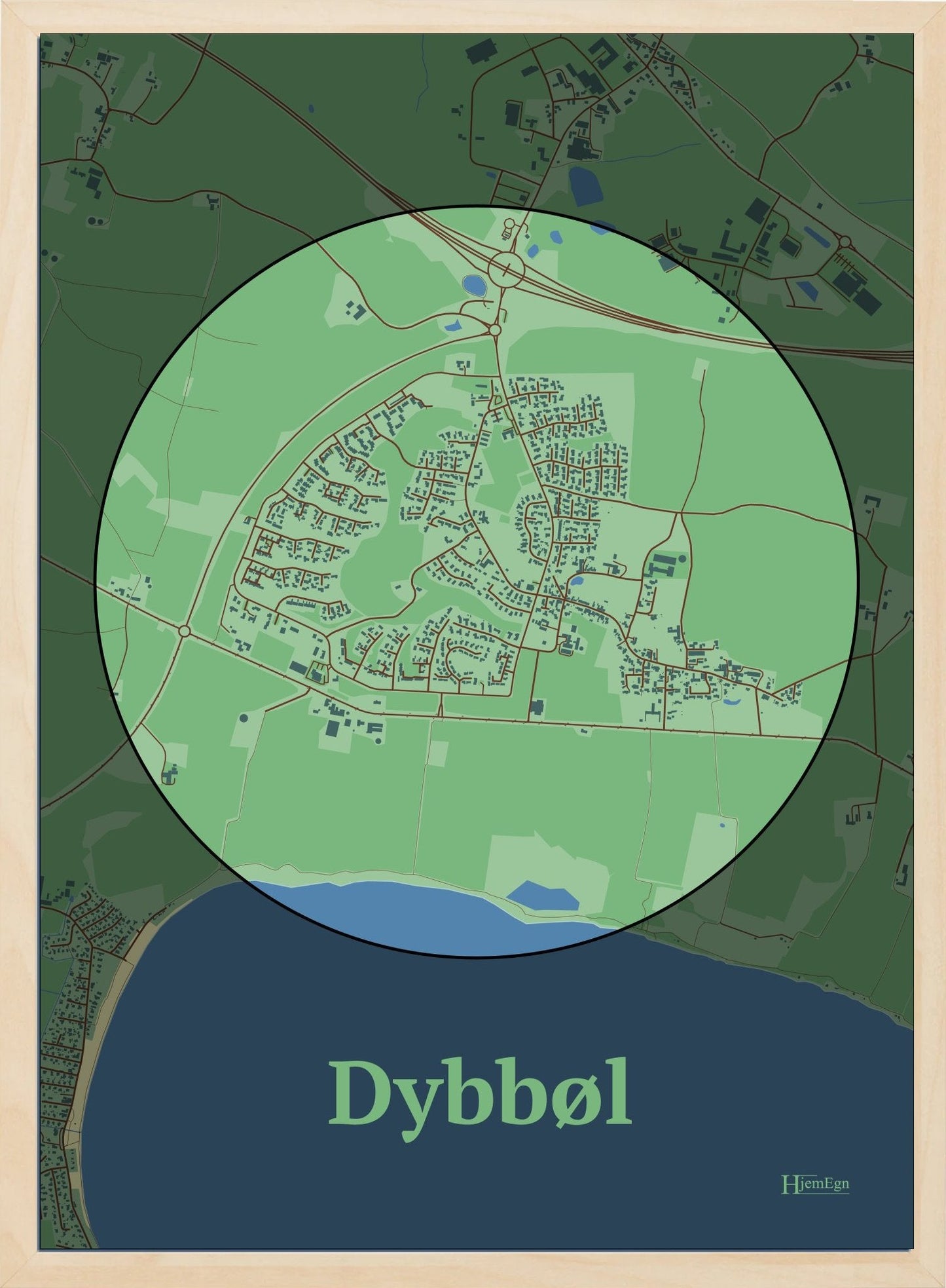 Dybbøl plakat i farve pastel grøn og HjemEgn.dk design centrum. Design bykort for Dybbøl