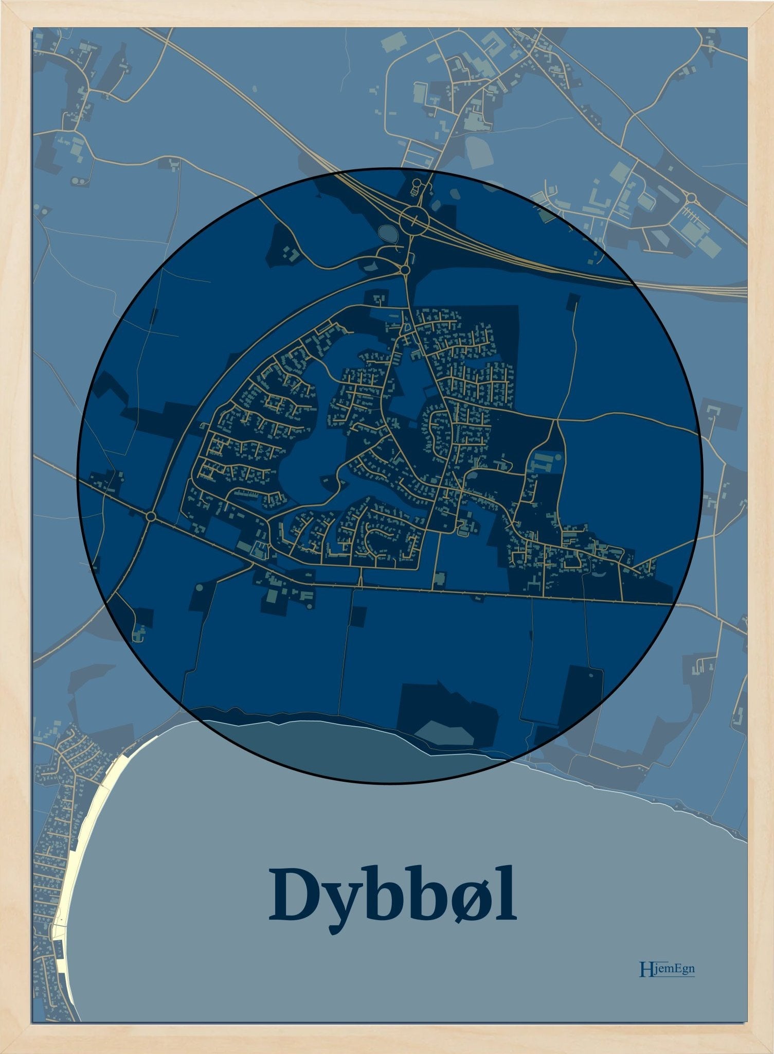 Dybbøl plakat i farve mørk blå og HjemEgn.dk design centrum. Design bykort for Dybbøl