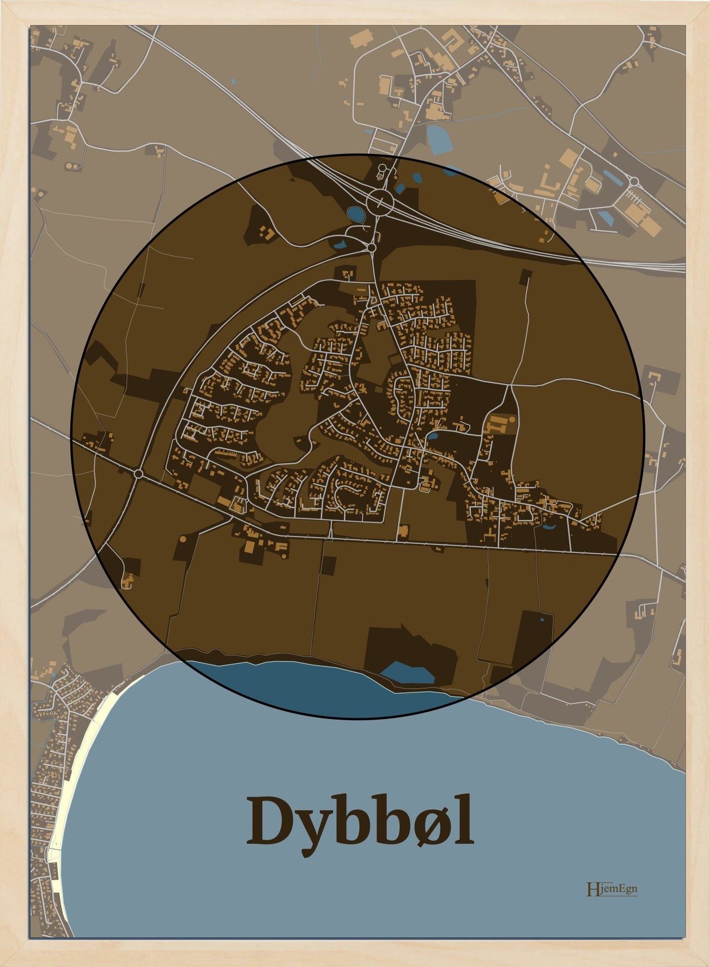 Dybbøl plakat i farve mørk brun og HjemEgn.dk design centrum. Design bykort for Dybbøl