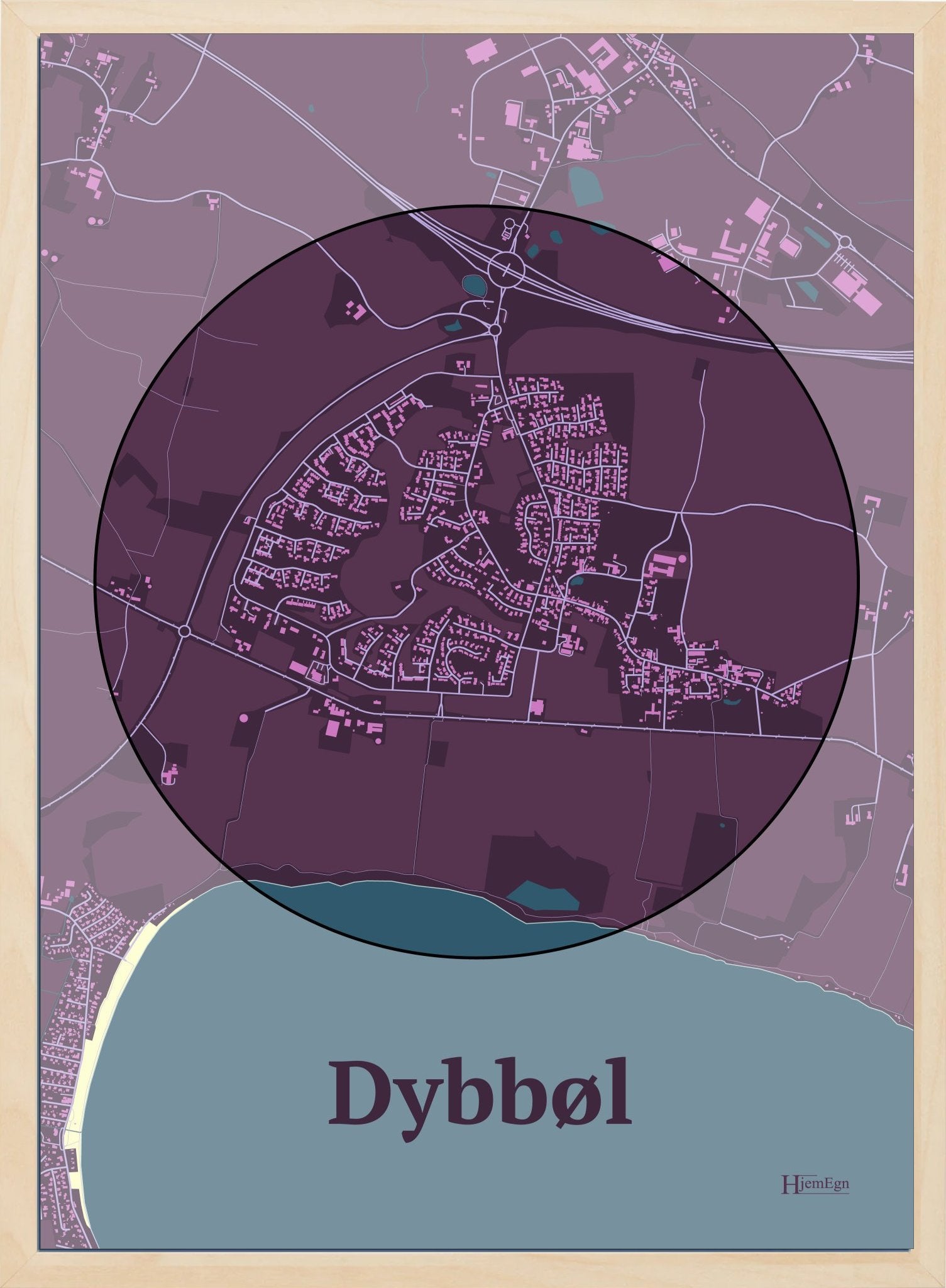 Dybbøl plakat i farve mørk rød og HjemEgn.dk design centrum. Design bykort for Dybbøl
