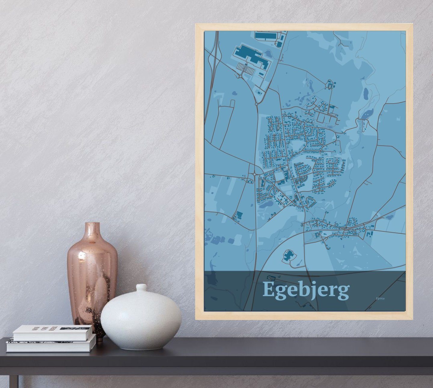 Egebjerg plakat i farve  og HjemEgn.dk design firkantet. Design bykort for Egebjerg