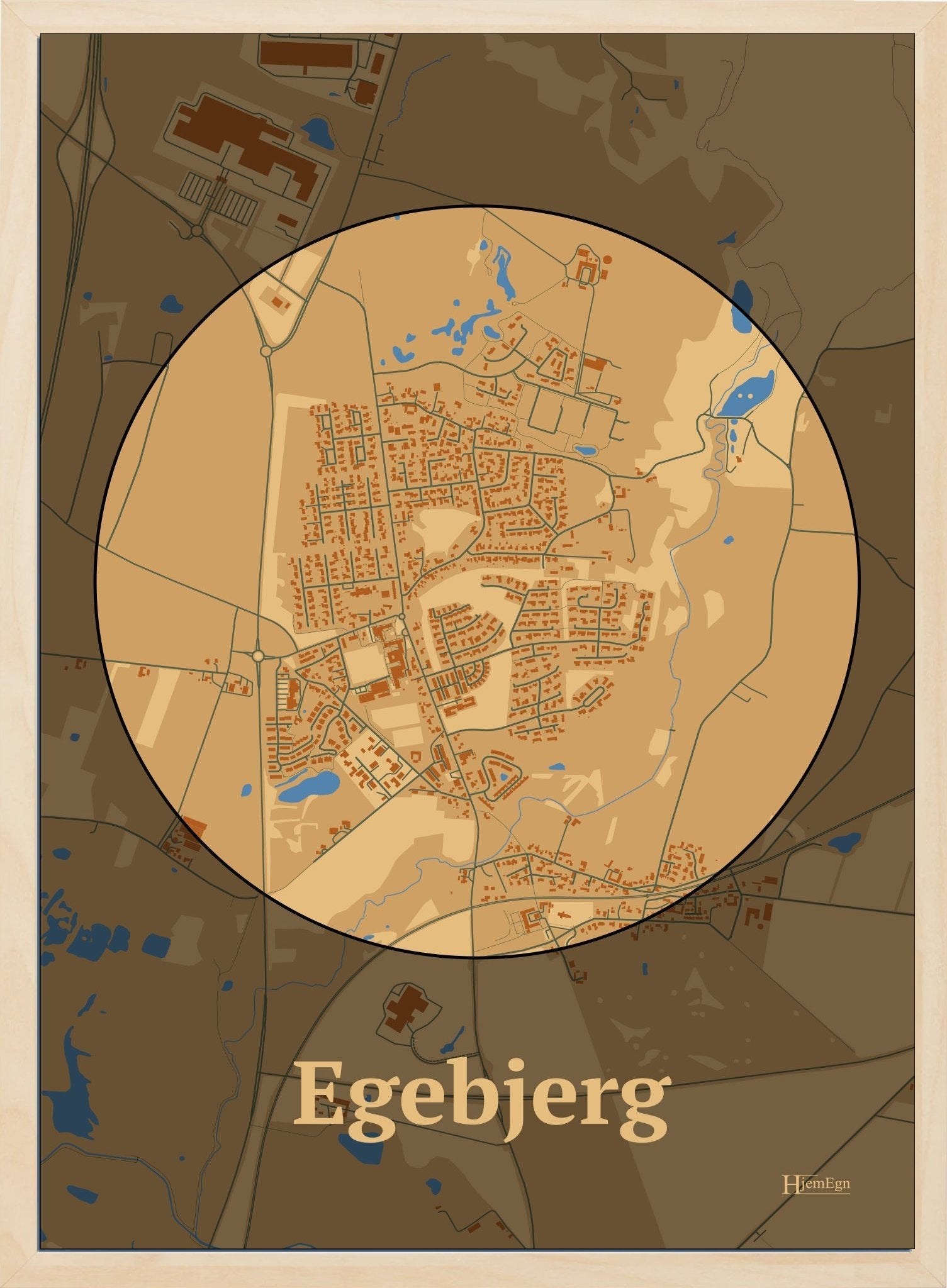 Egebjerg plakat i farve pastel brun og HjemEgn.dk design centrum. Design bykort for Egebjerg