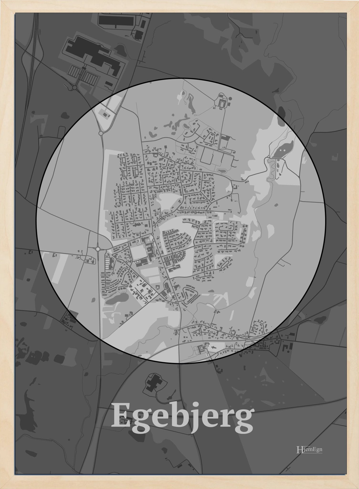 Egebjerg plakat i farve pastel grå og HjemEgn.dk design centrum. Design bykort for Egebjerg