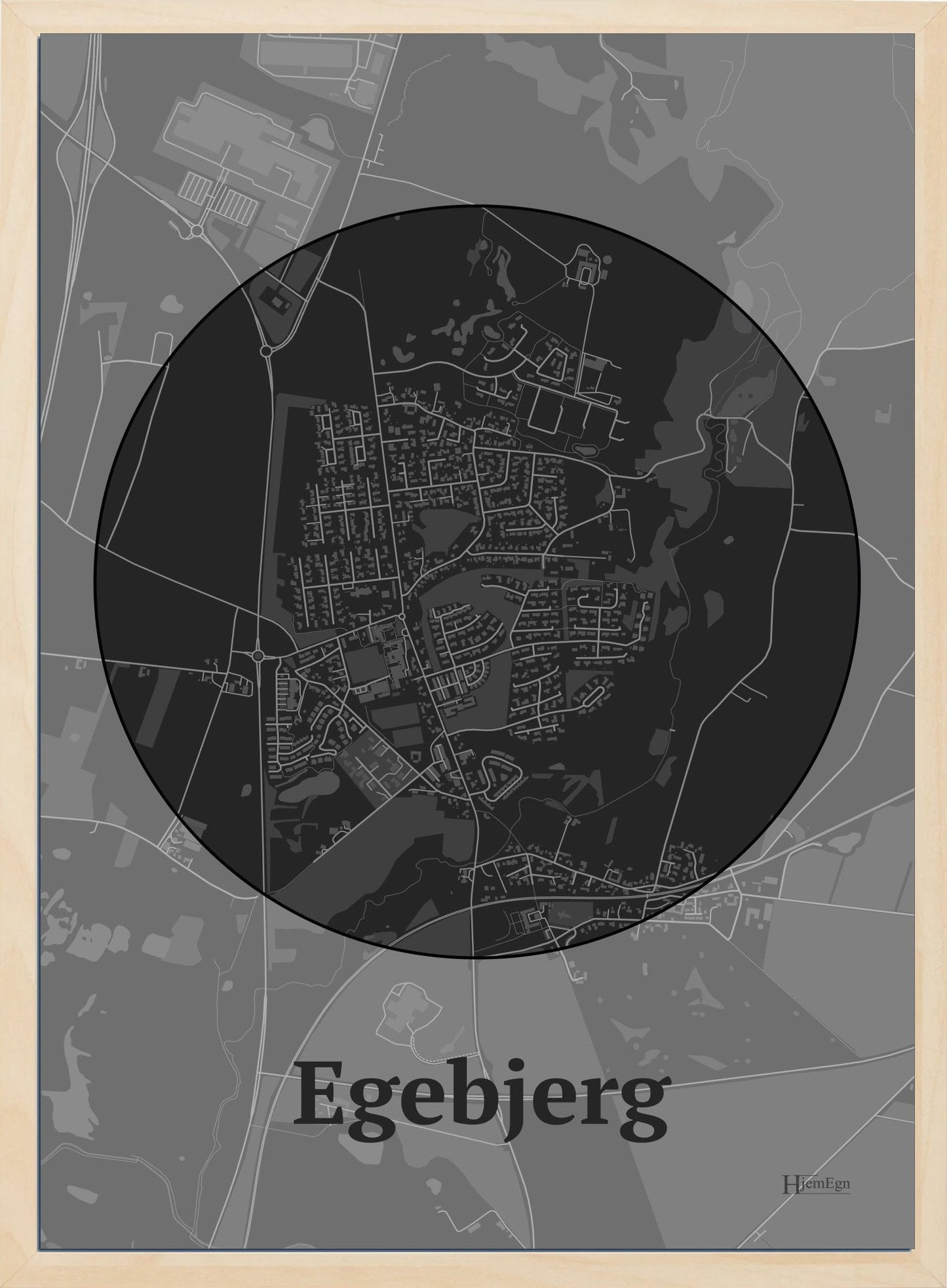 Egebjerg plakat i farve mørk grå og HjemEgn.dk design centrum. Design bykort for Egebjerg