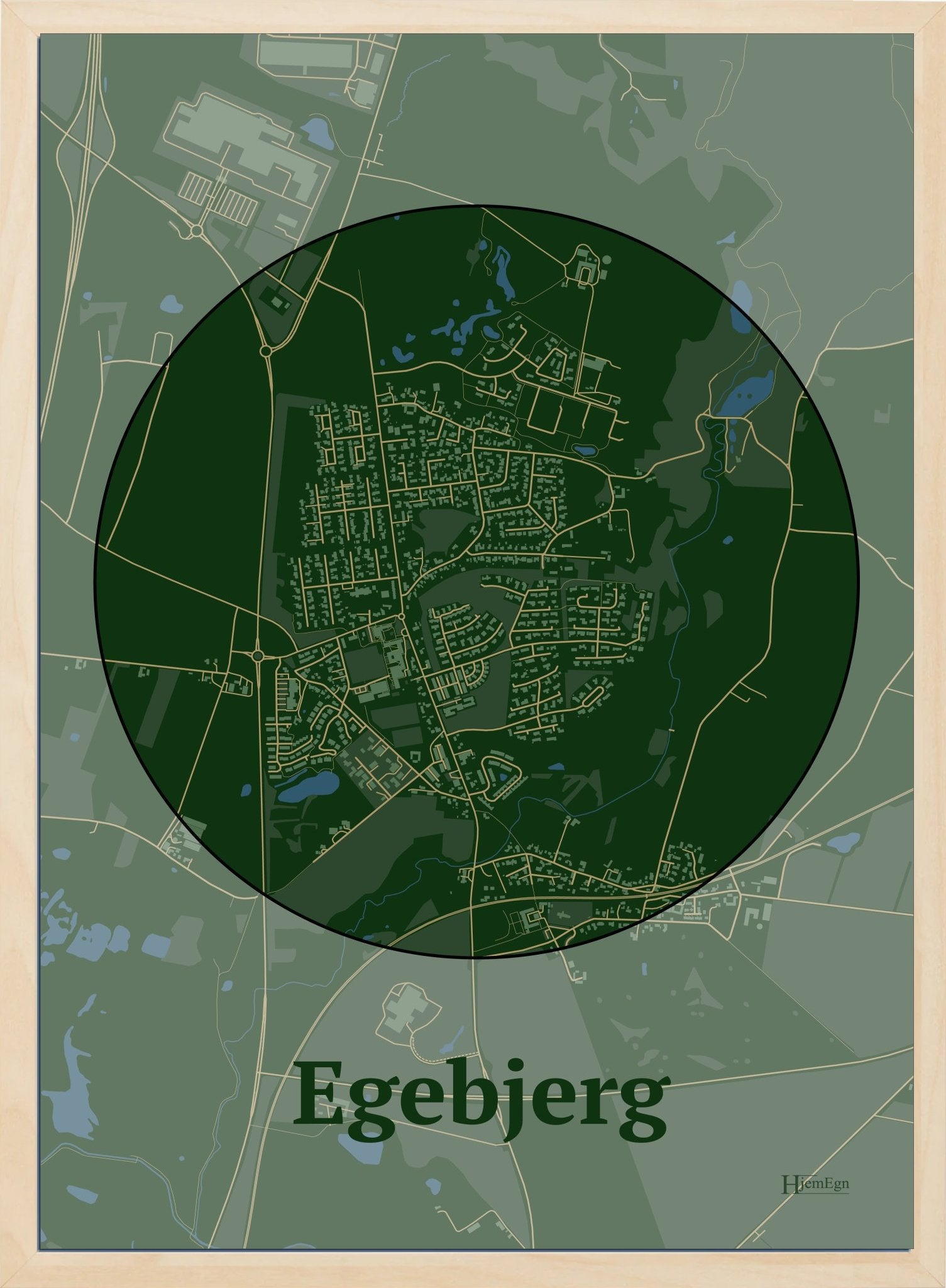 Egebjerg plakat i farve mørk grøn og HjemEgn.dk design centrum. Design bykort for Egebjerg