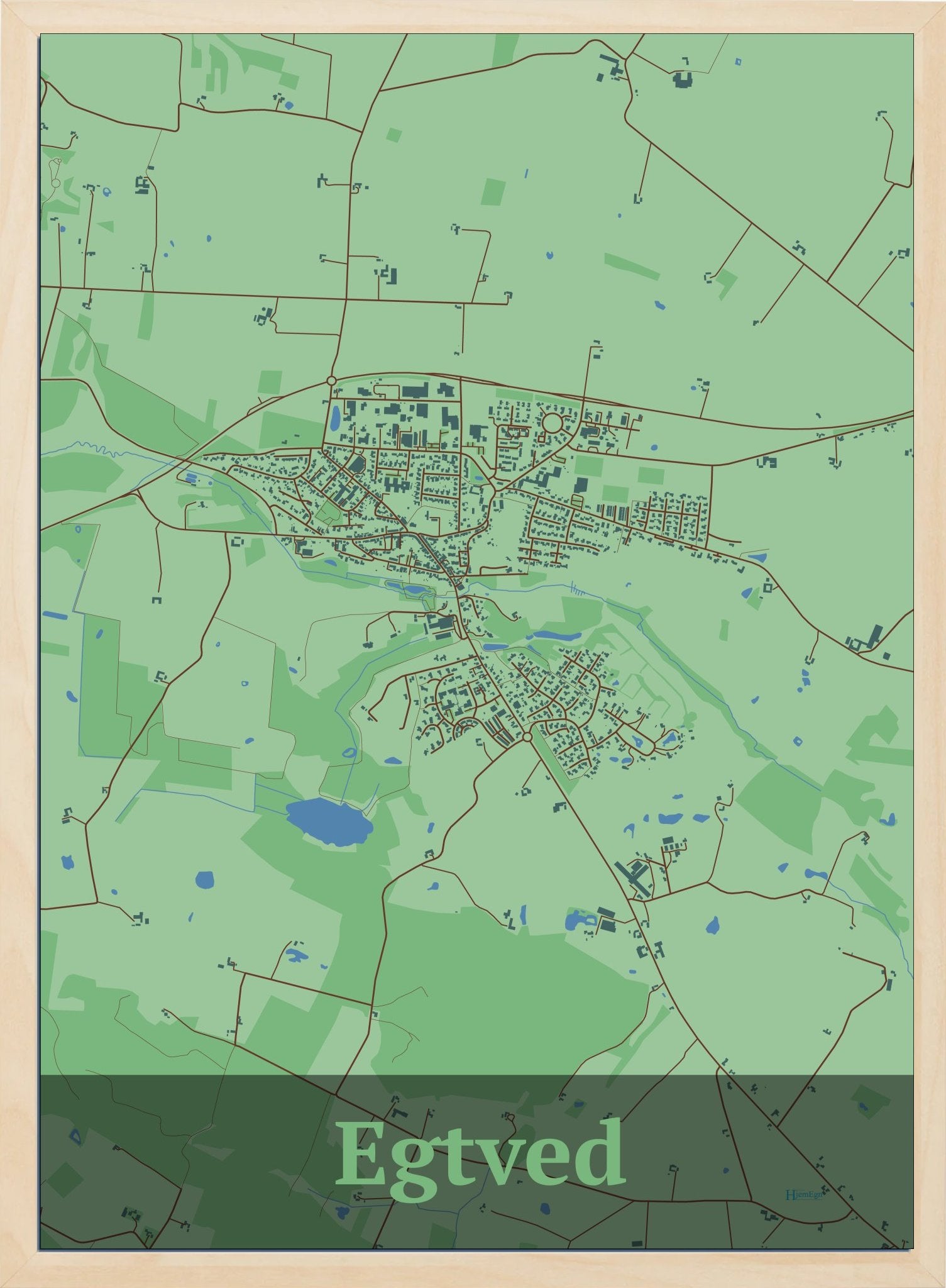Egtved plakat i farve pastel grøn og HjemEgn.dk design firkantet. Design bykort for Egtved