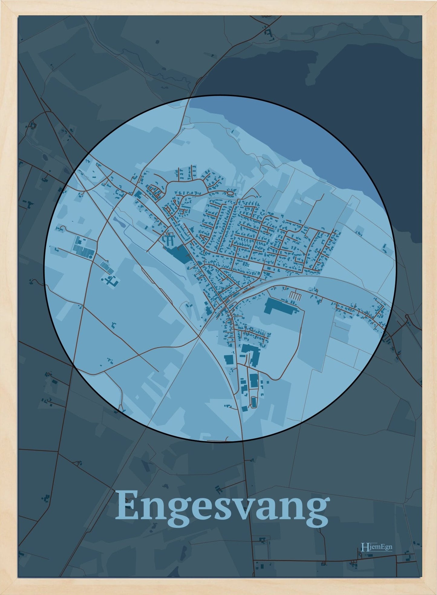 Engesvang plakat i farve pastel blå og HjemEgn.dk design centrum. Design bykort for Engesvang