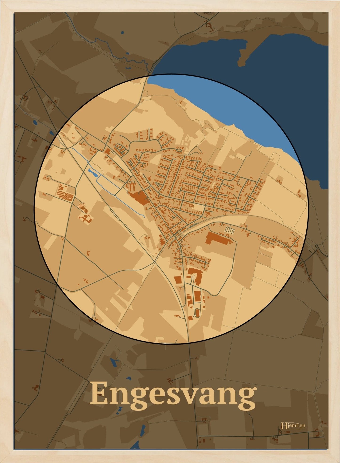Engesvang plakat i farve pastel brun og HjemEgn.dk design centrum. Design bykort for Engesvang