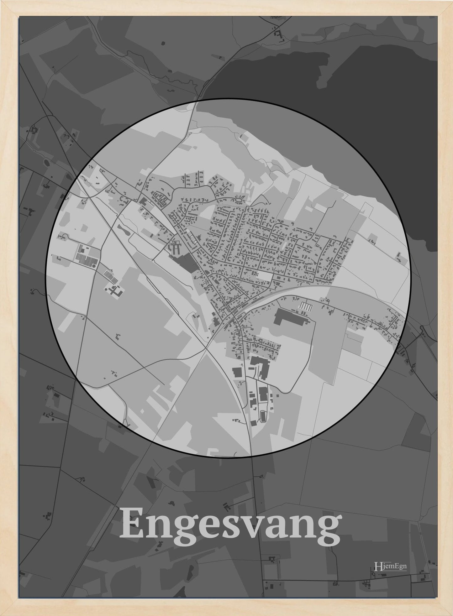 Engesvang plakat i farve pastel grå og HjemEgn.dk design centrum. Design bykort for Engesvang