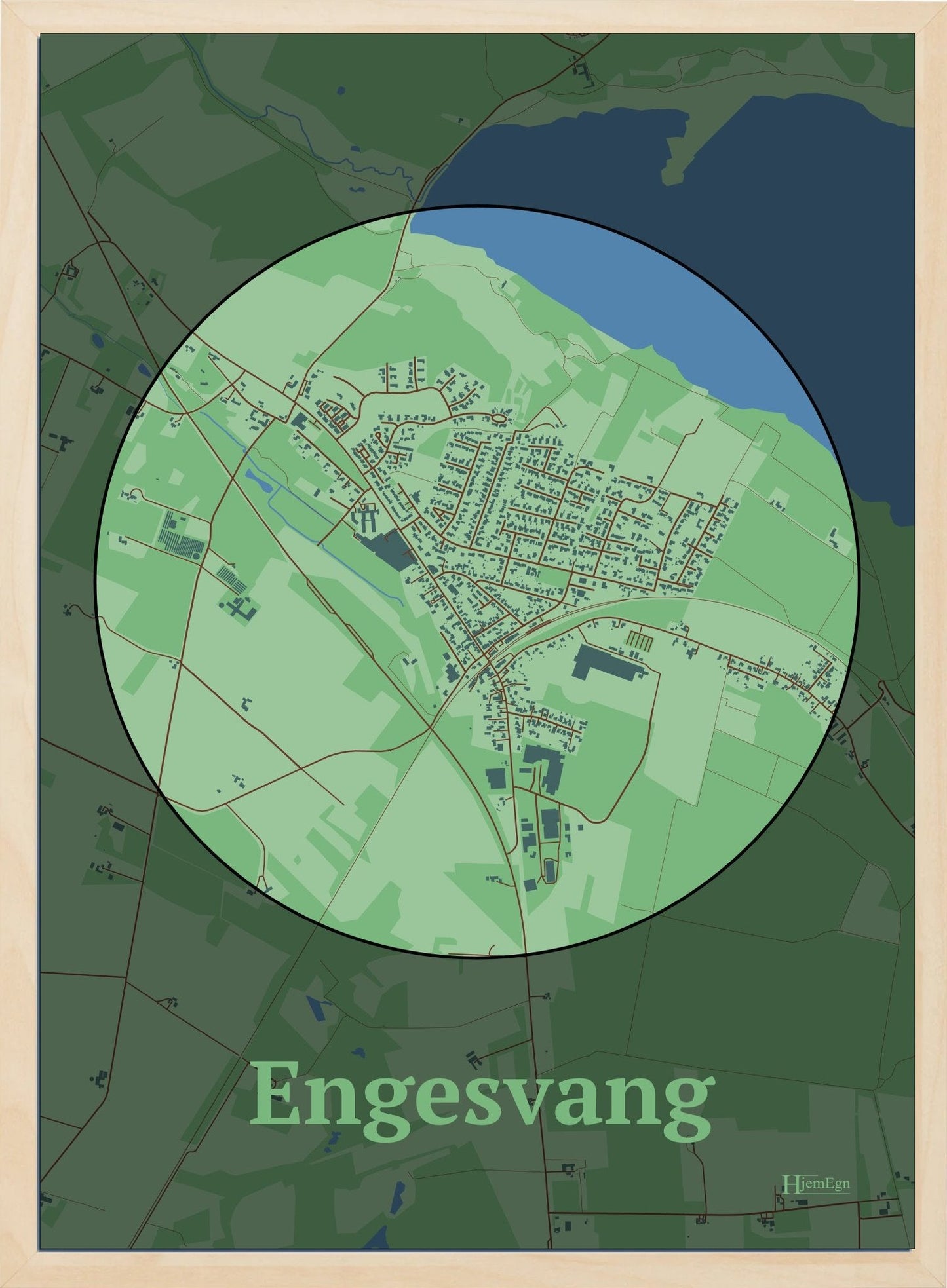 Engesvang plakat i farve pastel grøn og HjemEgn.dk design centrum. Design bykort for Engesvang