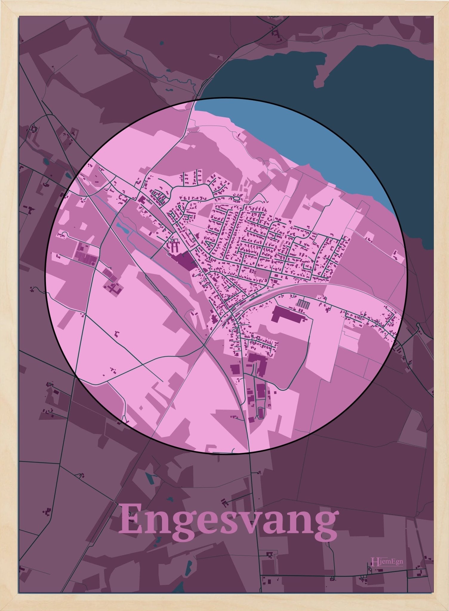 Engesvang plakat i farve pastel rød og HjemEgn.dk design centrum. Design bykort for Engesvang