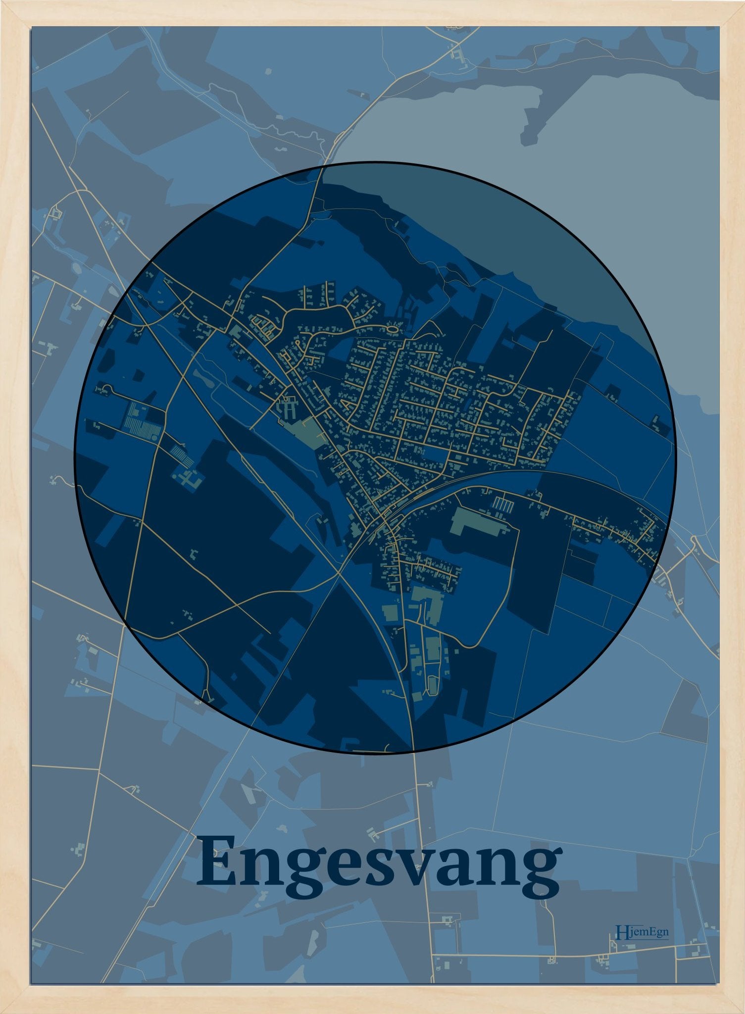 Engesvang plakat i farve mørk blå og HjemEgn.dk design centrum. Design bykort for Engesvang