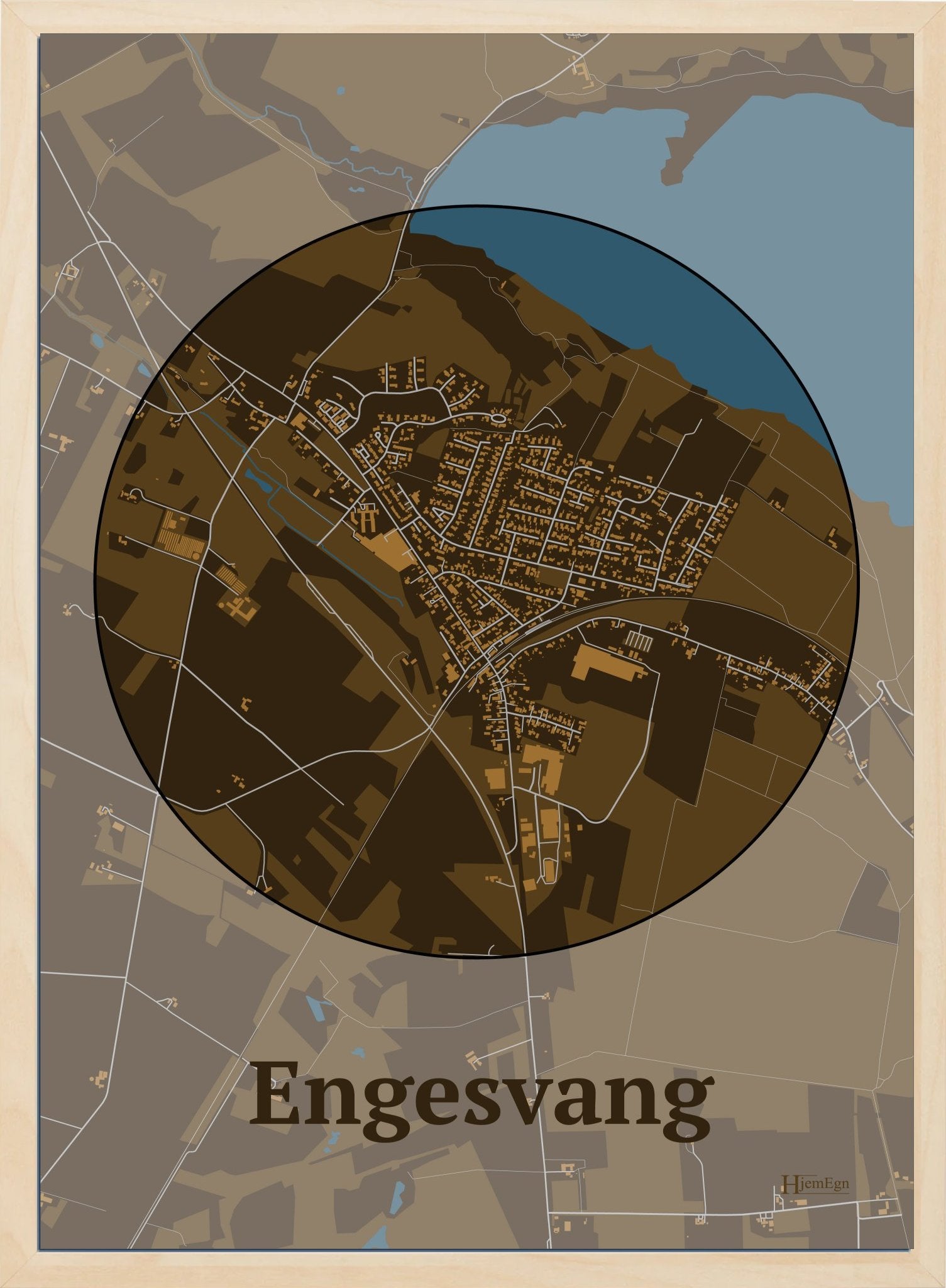 Engesvang plakat i farve mørk brun og HjemEgn.dk design centrum. Design bykort for Engesvang
