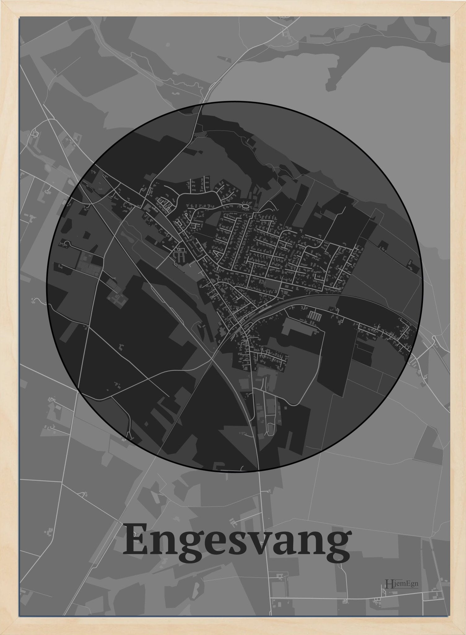 Engesvang plakat i farve mørk grå og HjemEgn.dk design centrum. Design bykort for Engesvang