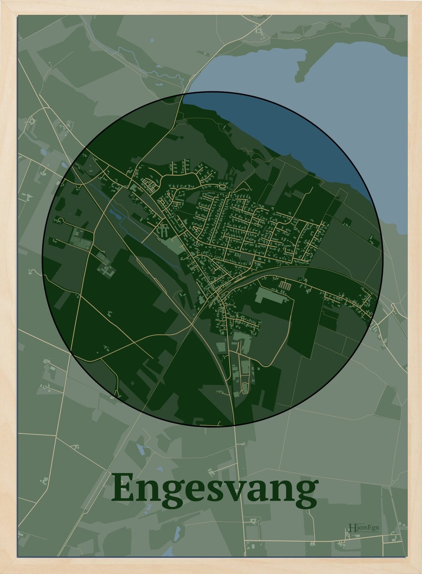 Engesvang plakat i farve mørk grøn og HjemEgn.dk design centrum. Design bykort for Engesvang