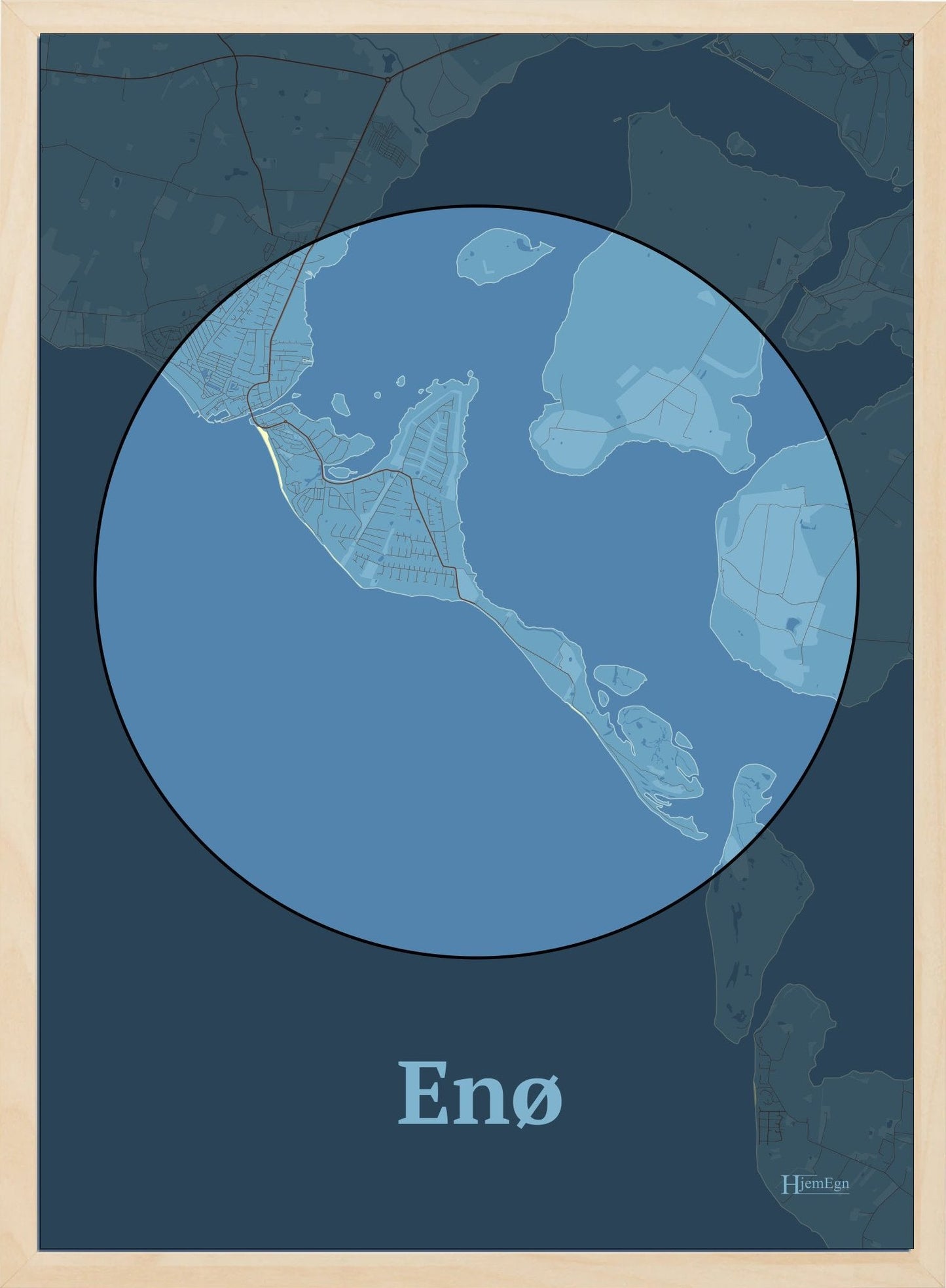 Enø plakat i farve pastel blå og HjemEgn.dk design centrum. Design ø-kort for Enø