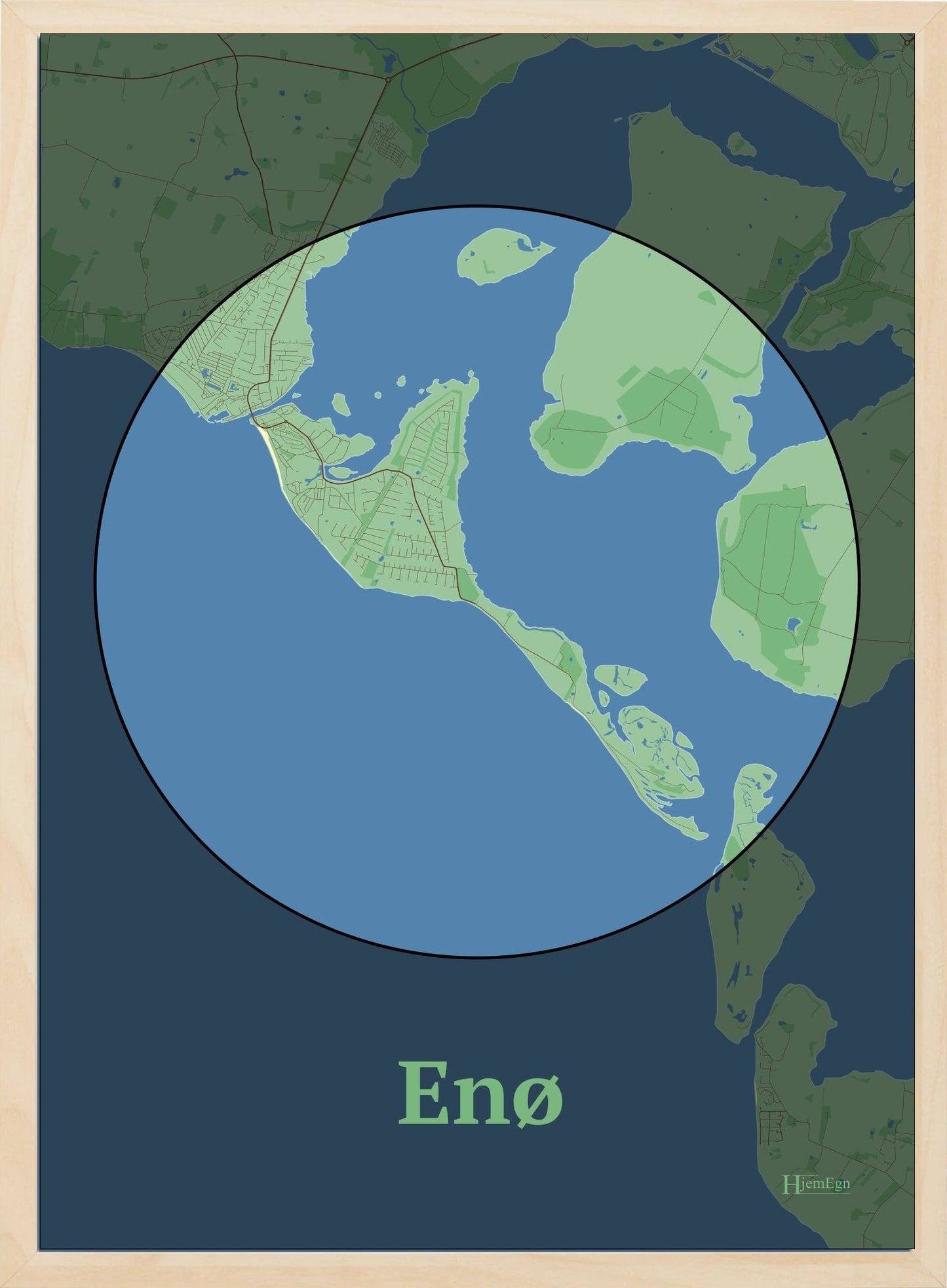 Enø plakat i farve pastel grøn og HjemEgn.dk design centrum. Design ø-kort for Enø