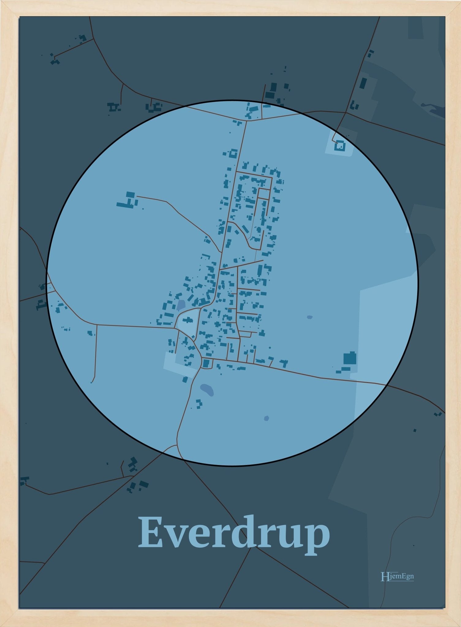 Everdrup plakat i farve pastel blå og HjemEgn.dk design centrum. Design bykort for Everdrup