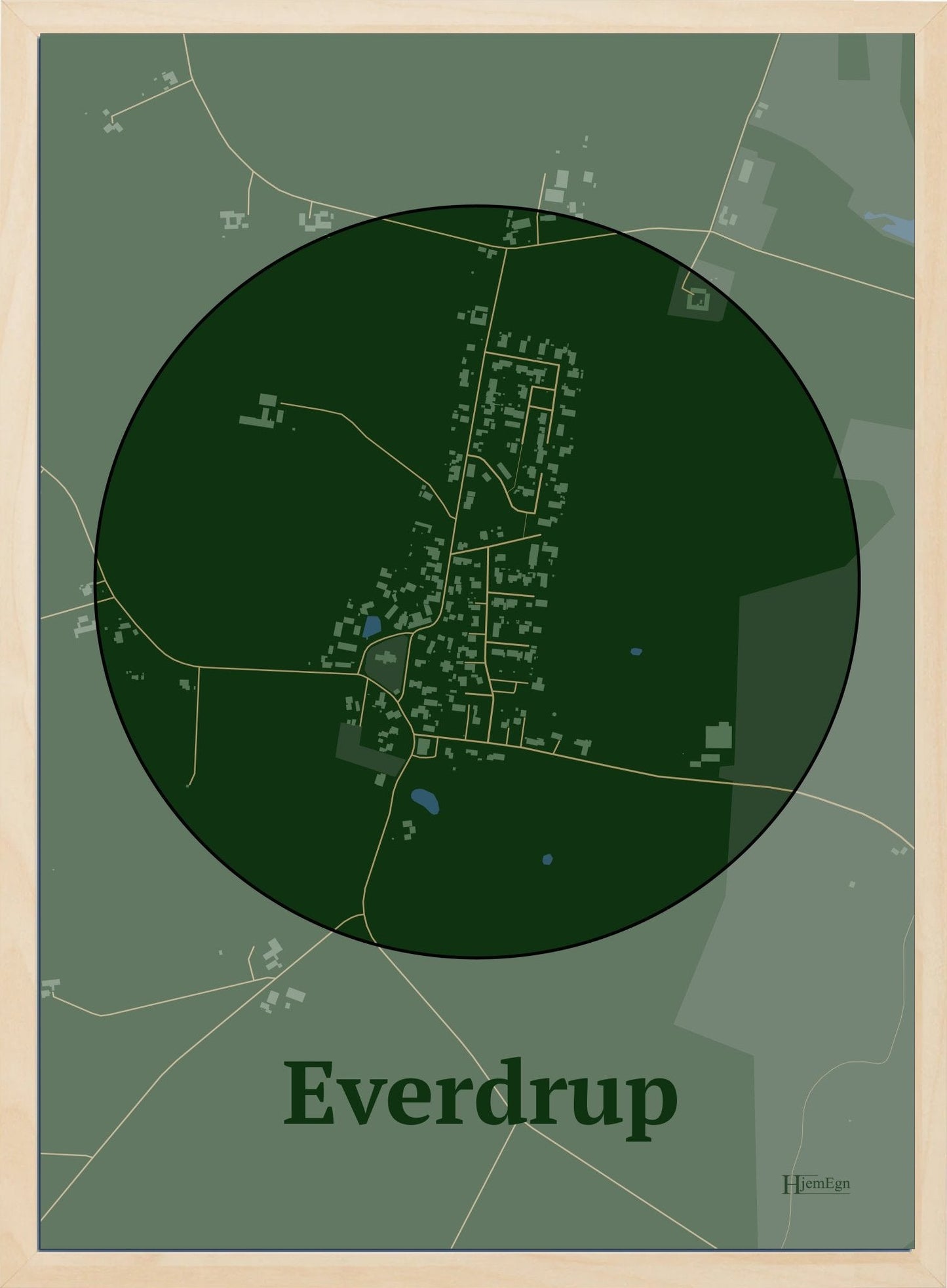 Everdrup plakat i farve mørk grøn og HjemEgn.dk design centrum. Design bykort for Everdrup