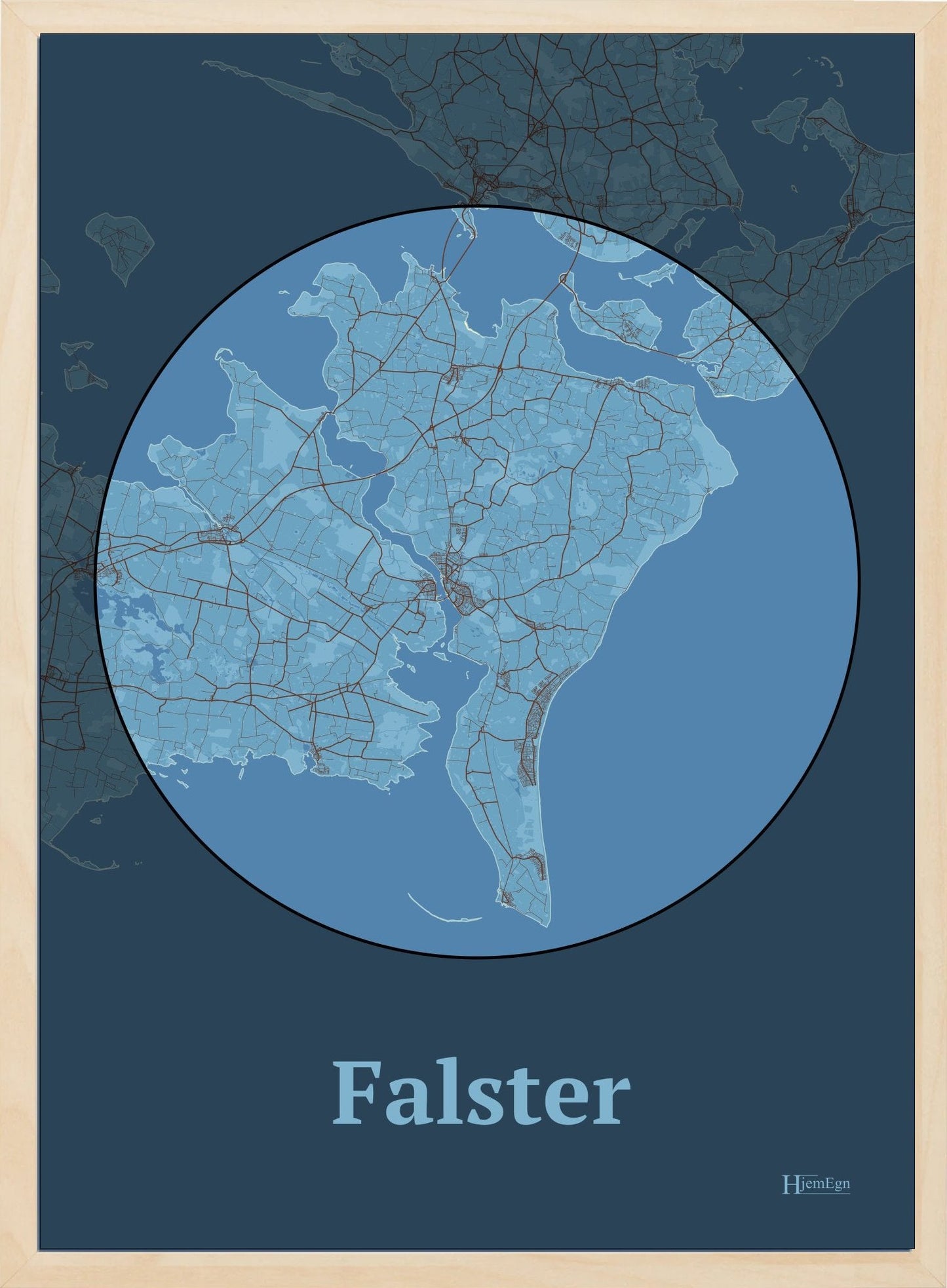 Falster plakat i farve pastel blå og HjemEgn.dk design centrum. Design ø-kort for Falster