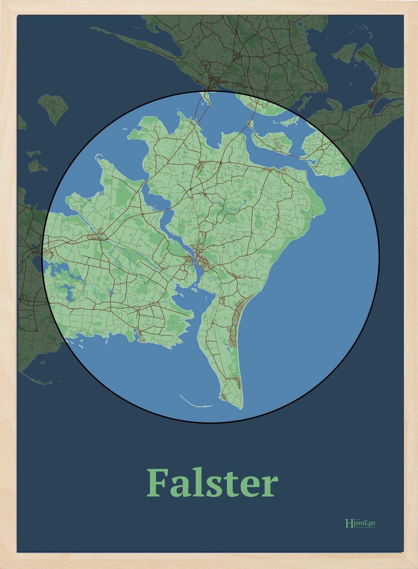 Falster plakat i farve pastel grøn og HjemEgn.dk design centrum. Design ø-kort for Falster