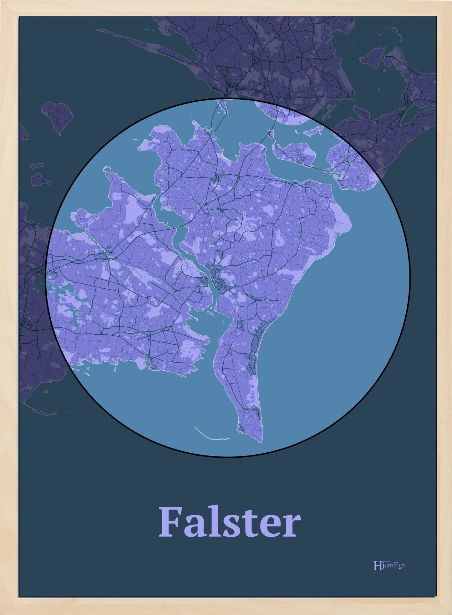 Falster plakat i farve pastel lilla og HjemEgn.dk design centrum. Design ø-kort for Falster