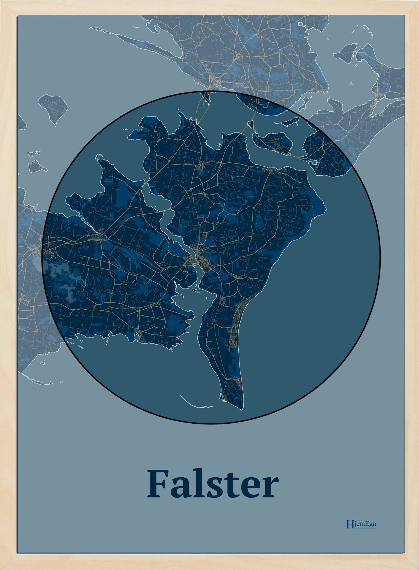 Falster plakat i farve mørk blå og HjemEgn.dk design centrum. Design ø-kort for Falster