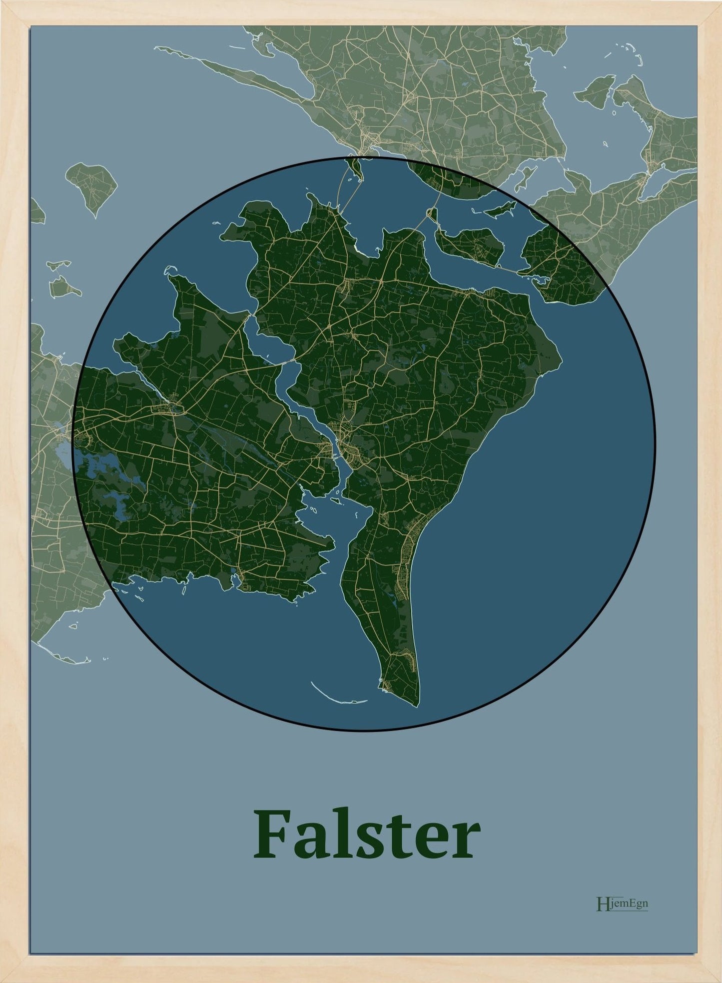 Falster plakat i farve mørk grøn og HjemEgn.dk design centrum. Design ø-kort for Falster