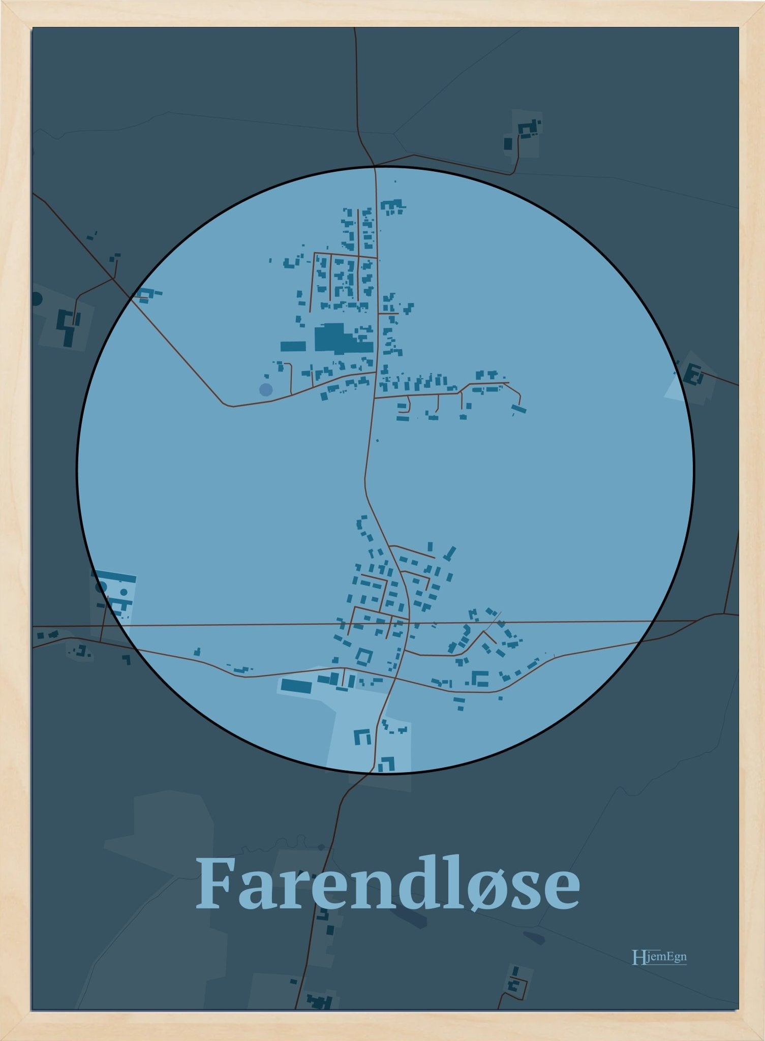 Farendløse plakat i farve pastel blå og HjemEgn.dk design centrum. Design bykort for Farendløse