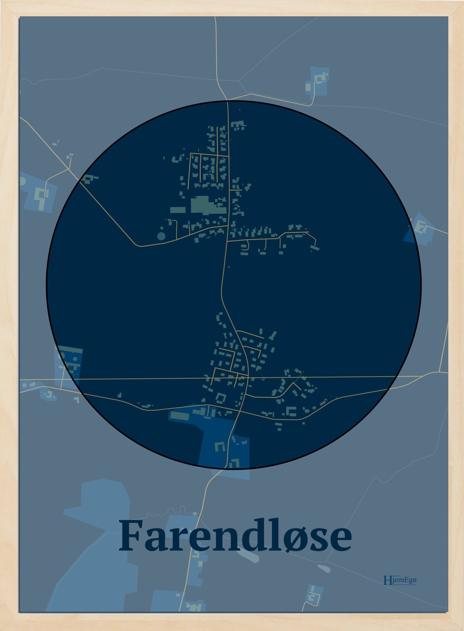 Farendløse plakat i farve mørk blå og HjemEgn.dk design centrum. Design bykort for Farendløse
