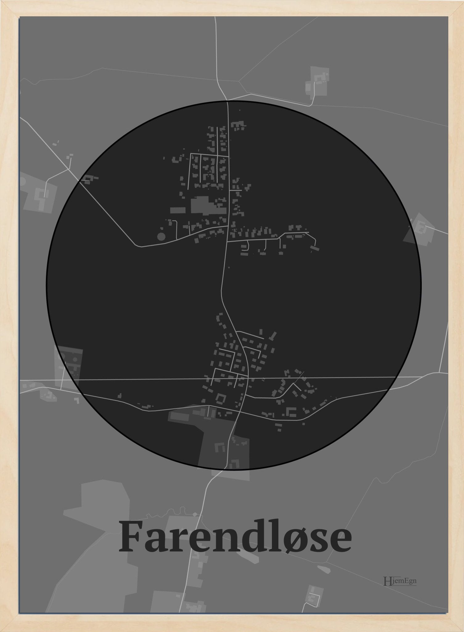 Farendløse plakat i farve mørk grå og HjemEgn.dk design centrum. Design bykort for Farendløse