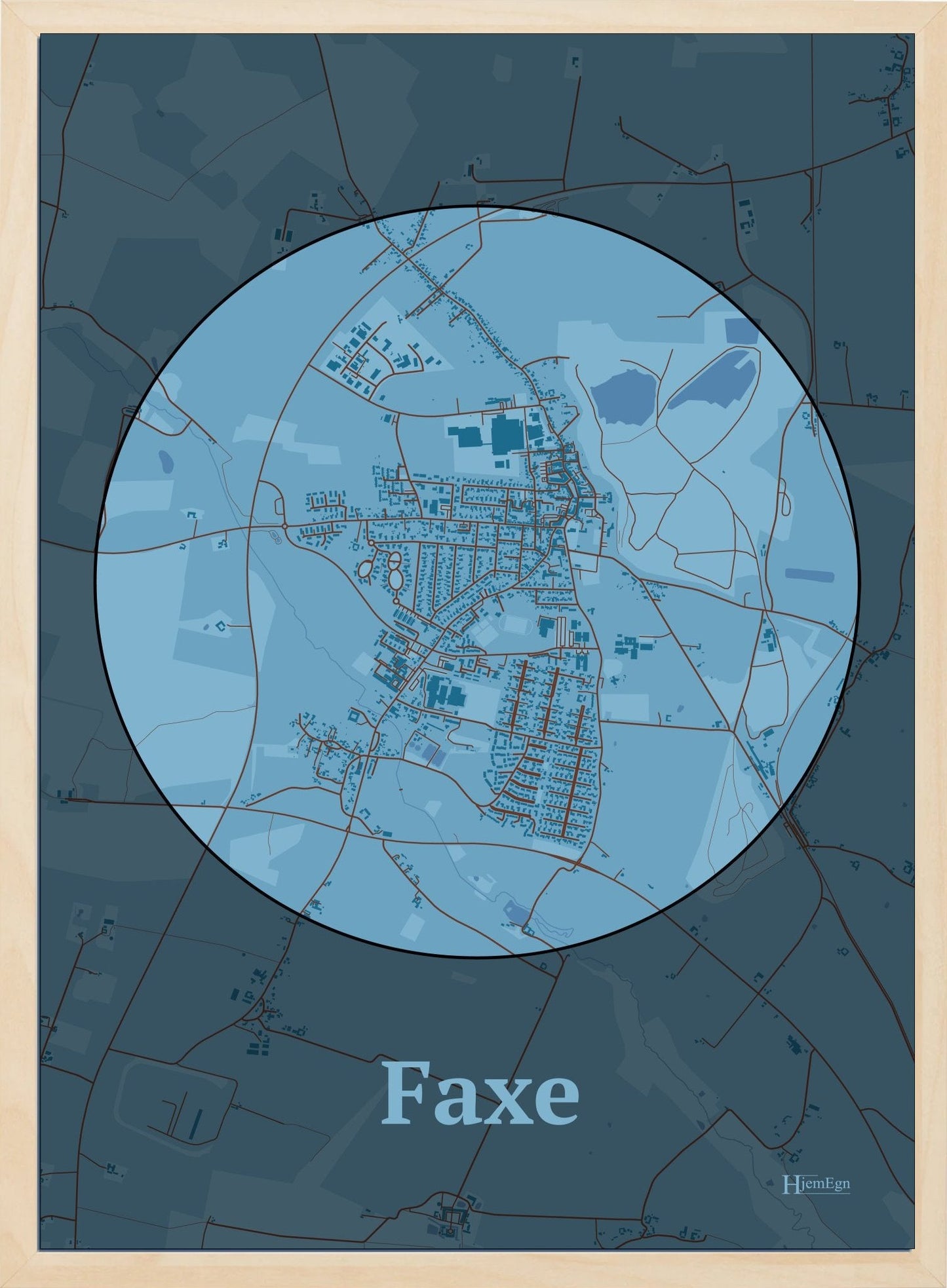 Faxe plakat i farve pastel blå og HjemEgn.dk design centrum. Design bykort for Faxe