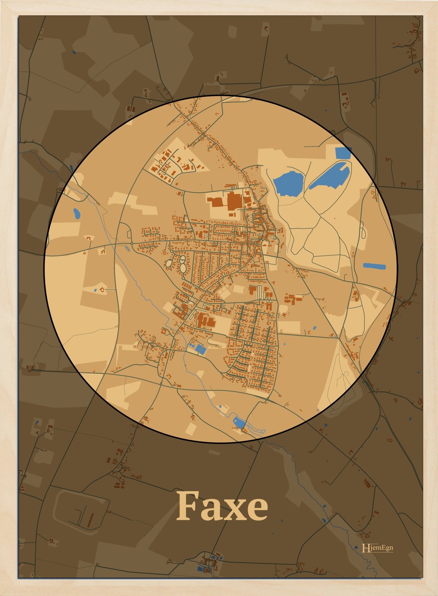 Faxe plakat i farve pastel brun og HjemEgn.dk design centrum. Design bykort for Faxe