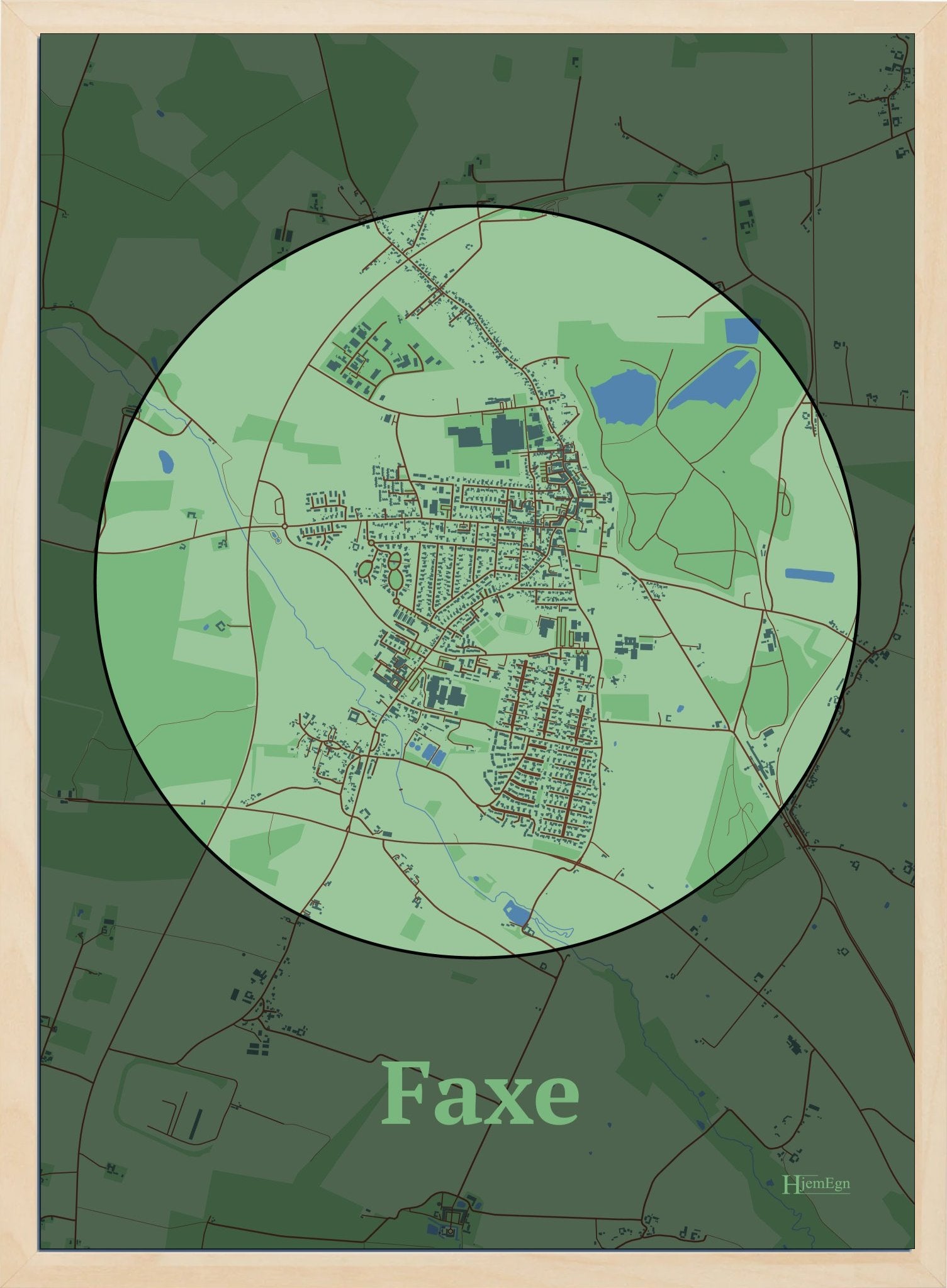 Faxe plakat i farve pastel grøn og HjemEgn.dk design centrum. Design bykort for Faxe