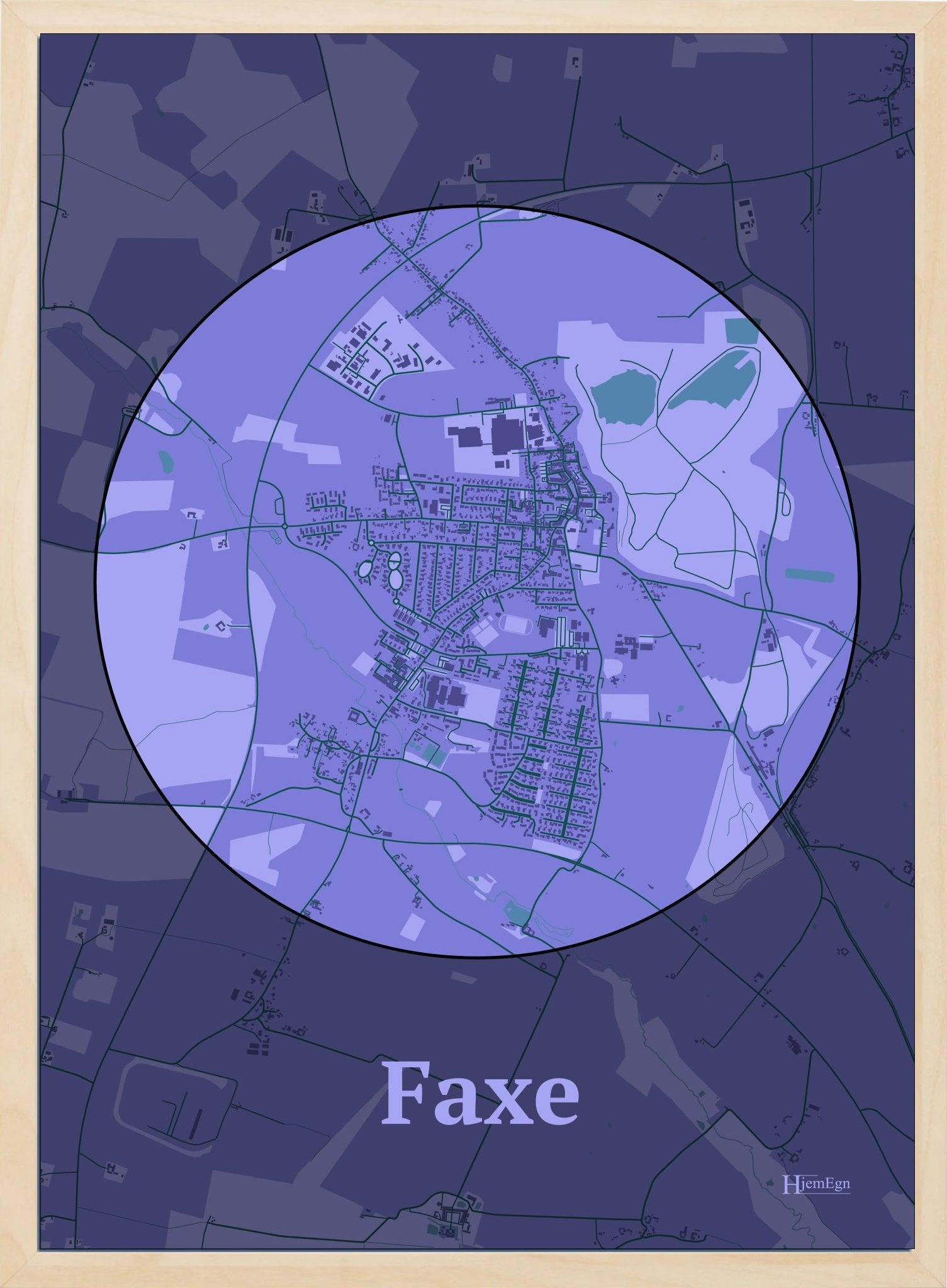 Faxe plakat i farve pastel lilla og HjemEgn.dk design centrum. Design bykort for Faxe