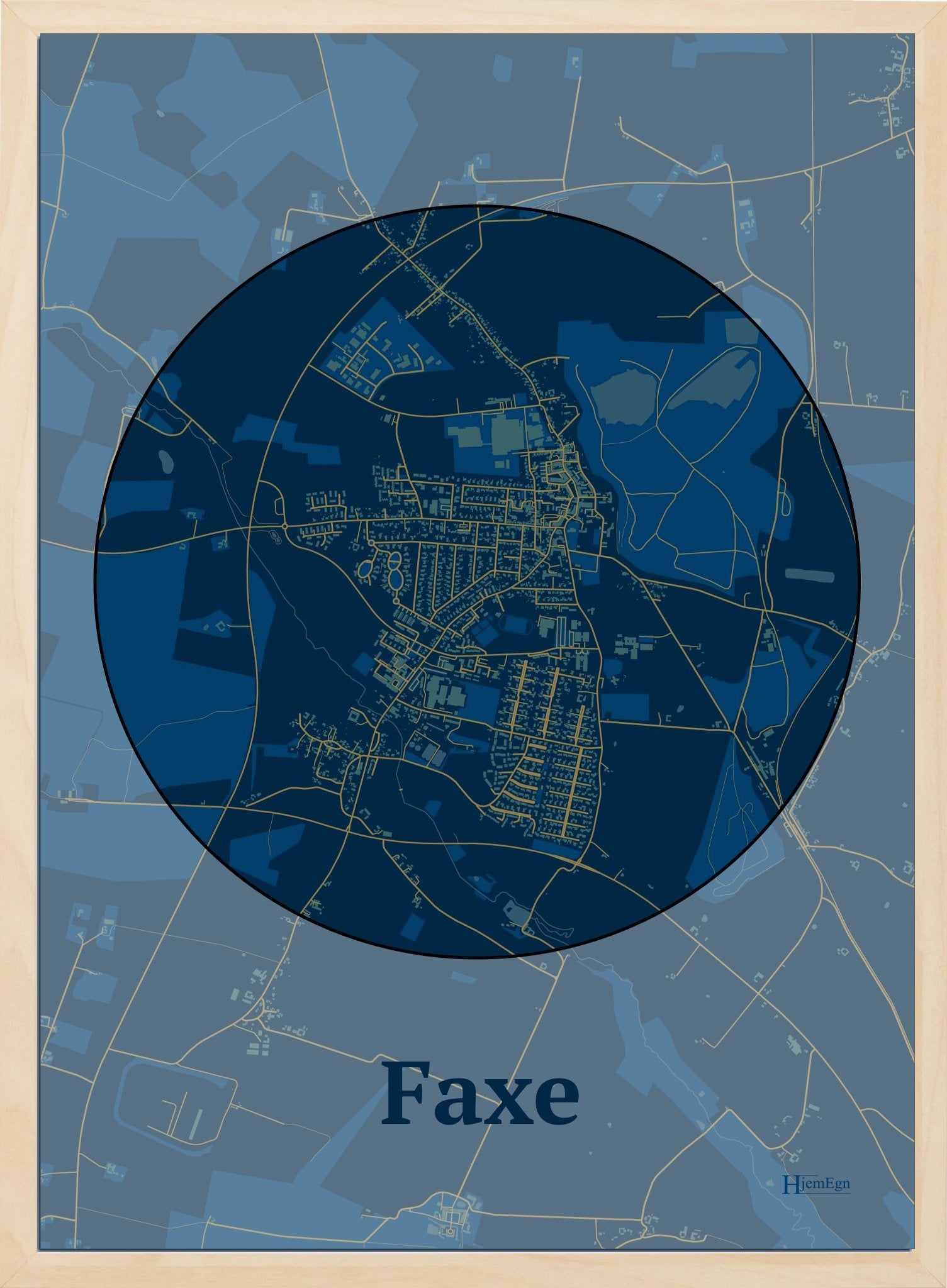 Faxe plakat i farve mørk blå og HjemEgn.dk design centrum. Design bykort for Faxe