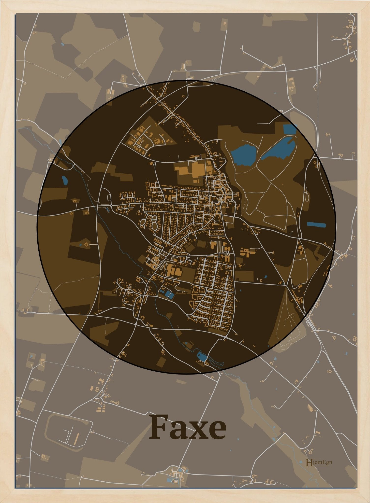 Faxe plakat i farve mørk brun og HjemEgn.dk design centrum. Design bykort for Faxe