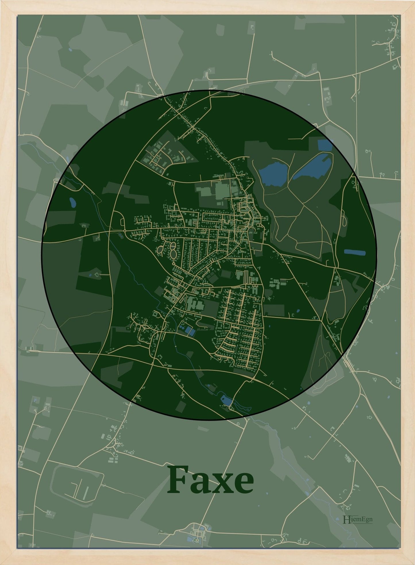 Faxe plakat i farve mørk grøn og HjemEgn.dk design centrum. Design bykort for Faxe