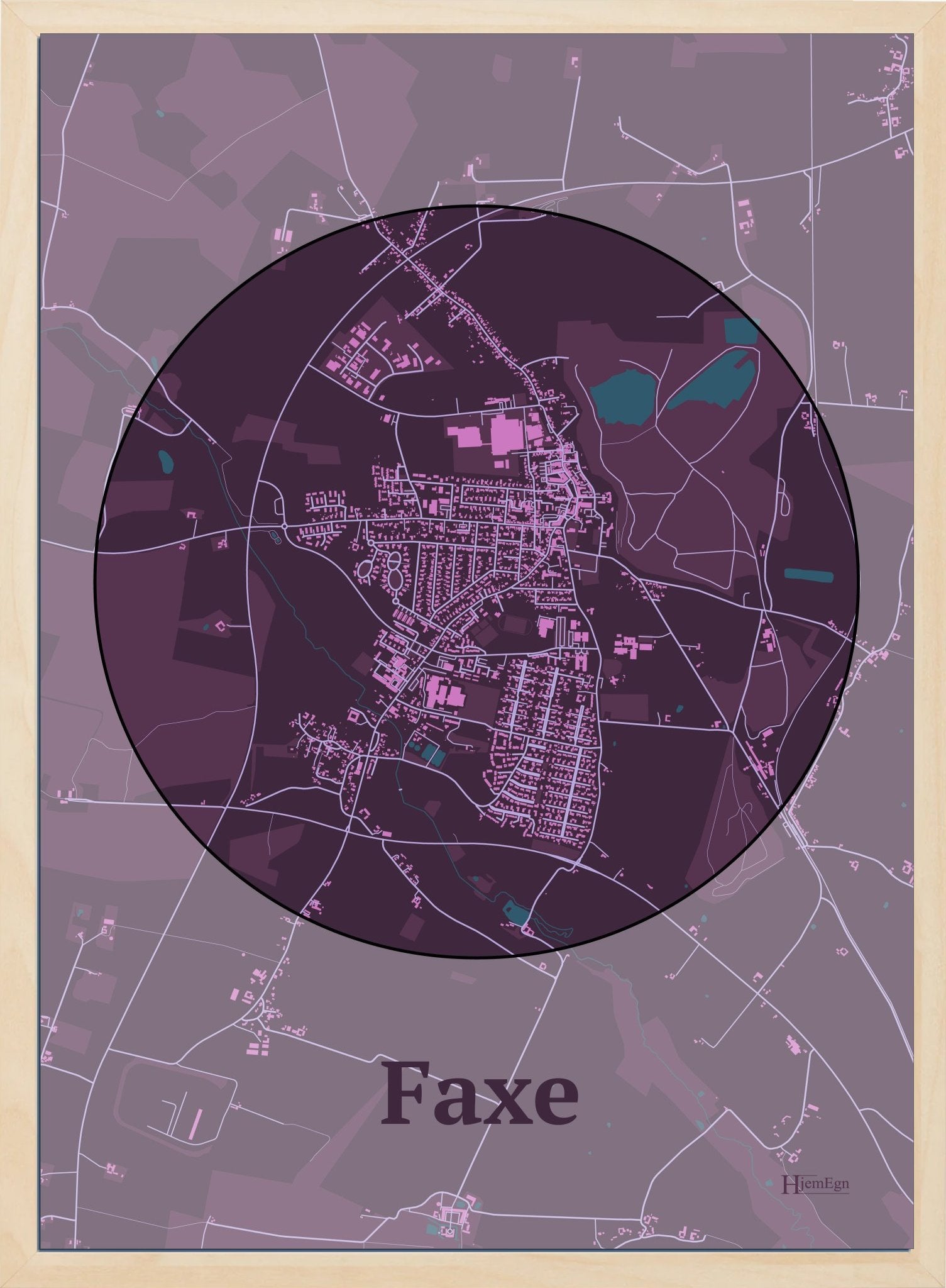 Faxe plakat i farve mørk rød og HjemEgn.dk design centrum. Design bykort for Faxe