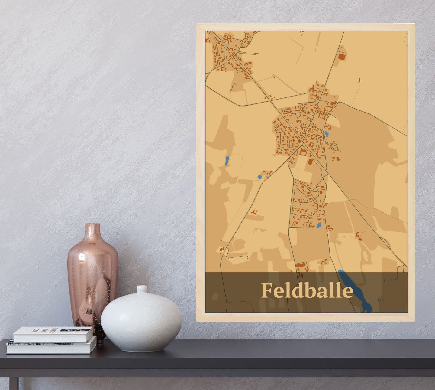 Feldballe plakat i farve  og HjemEgn.dk design firkantet. Design bykort for Feldballe