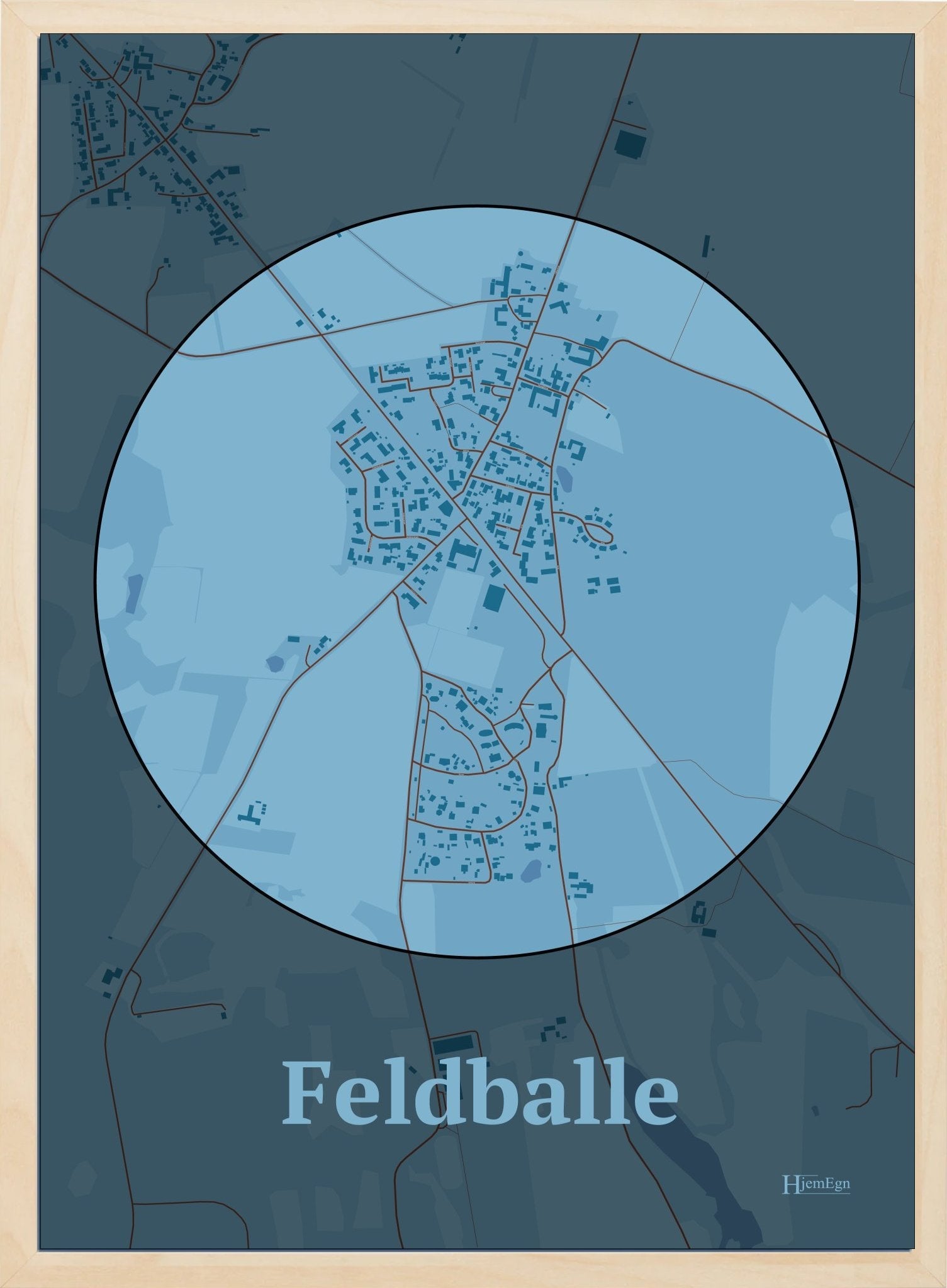 Feldballe plakat i farve pastel blå og HjemEgn.dk design centrum. Design bykort for Feldballe