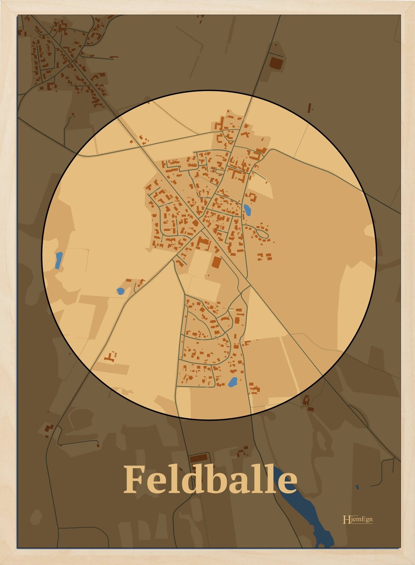 Feldballe plakat i farve pastel brun og HjemEgn.dk design centrum. Design bykort for Feldballe