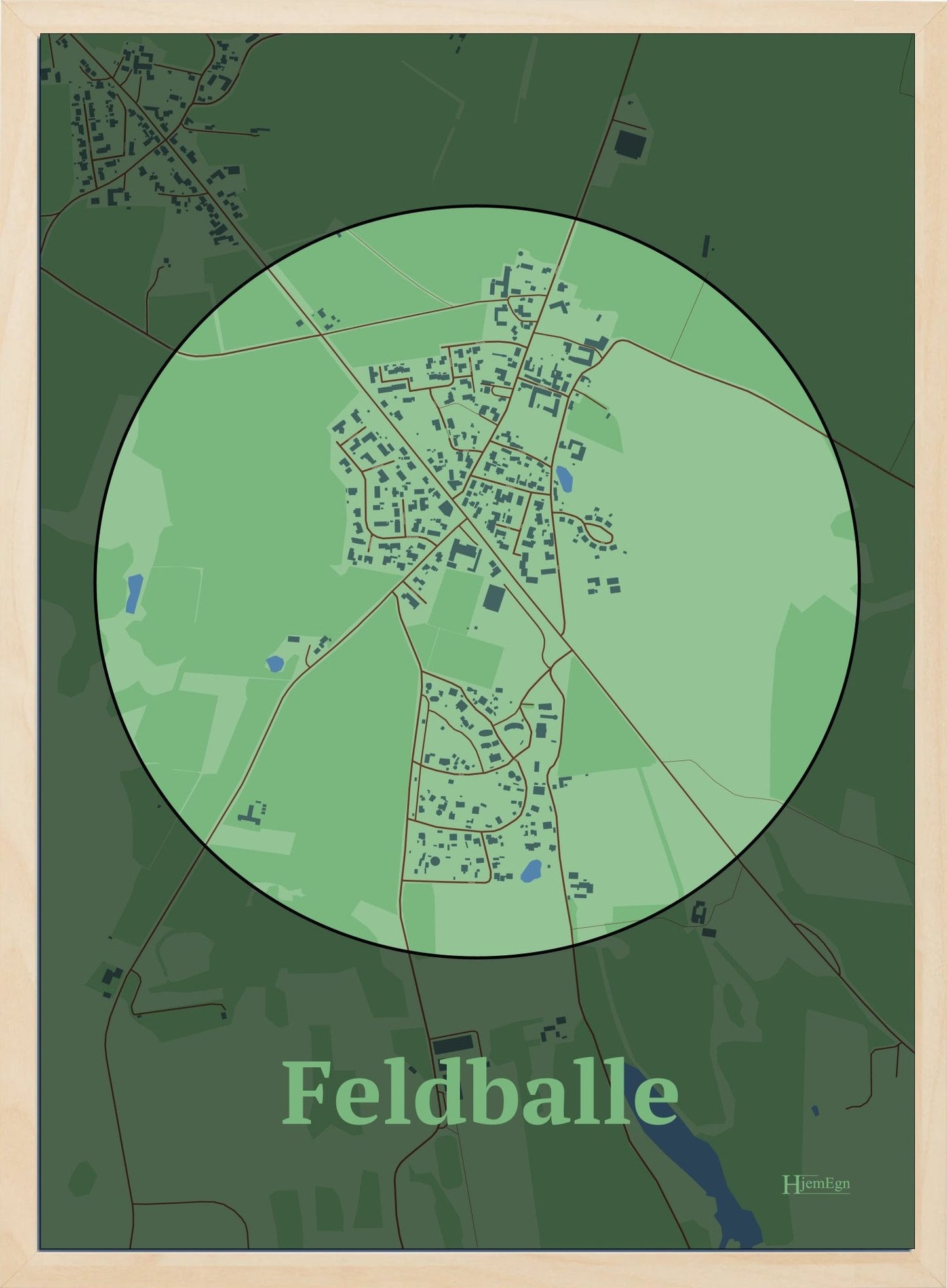 Feldballe plakat i farve pastel grøn og HjemEgn.dk design centrum. Design bykort for Feldballe