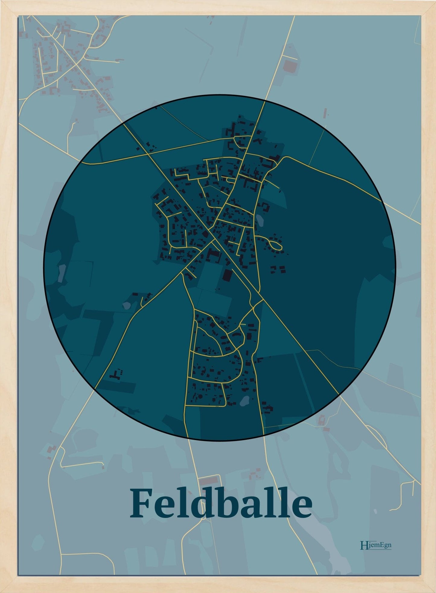 Feldballe plakat i farve mørk blå og HjemEgn.dk design centrum. Design bykort for Feldballe