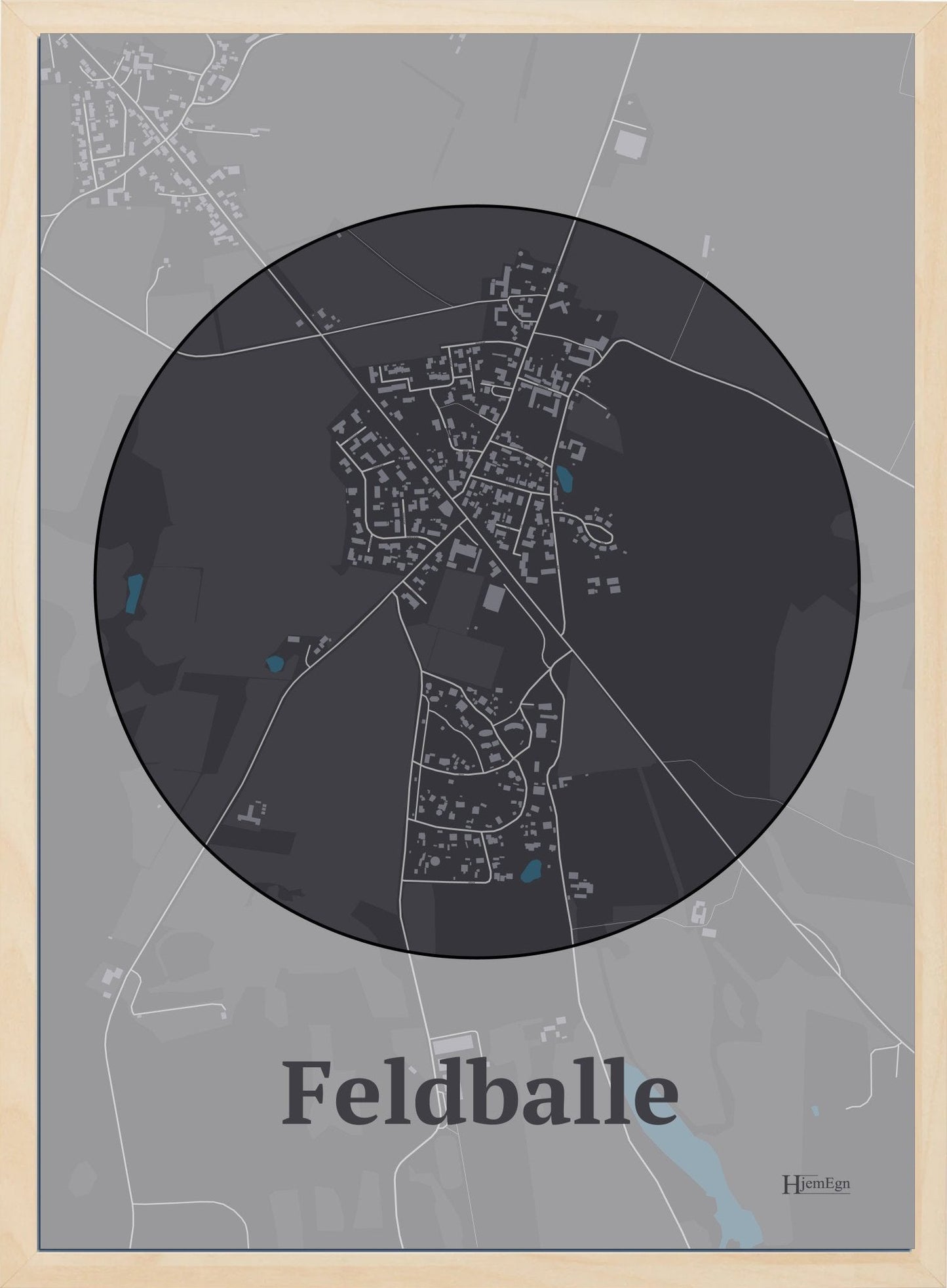 Feldballe plakat i farve mørk brun og HjemEgn.dk design centrum. Design bykort for Feldballe