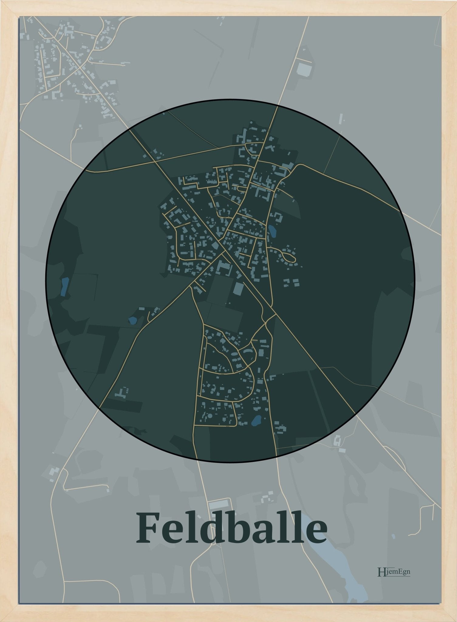 Feldballe plakat i farve mørk grøn og HjemEgn.dk design centrum. Design bykort for Feldballe