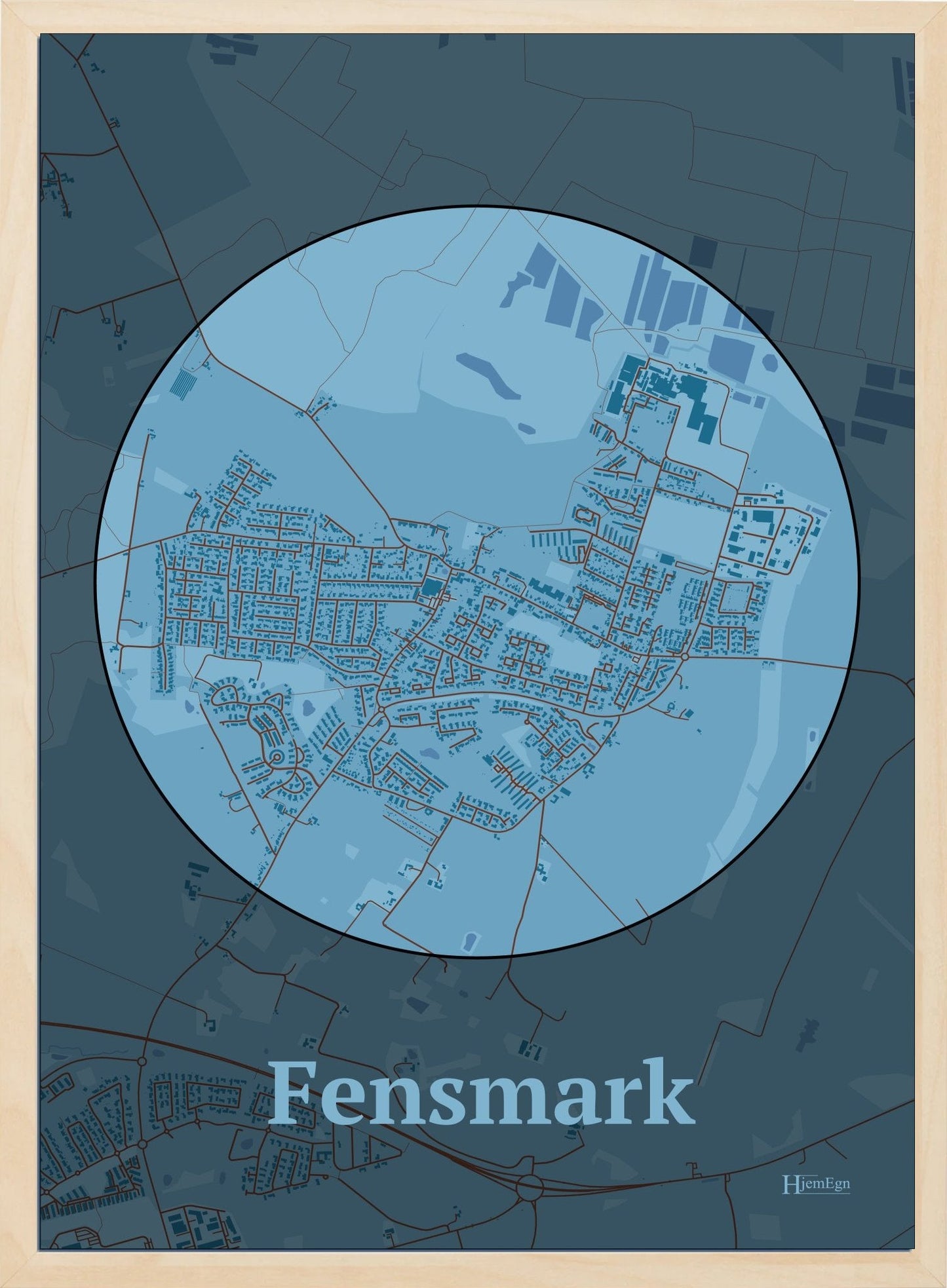Fensmark plakat i farve pastel blå og HjemEgn.dk design centrum. Design bykort for Fensmark